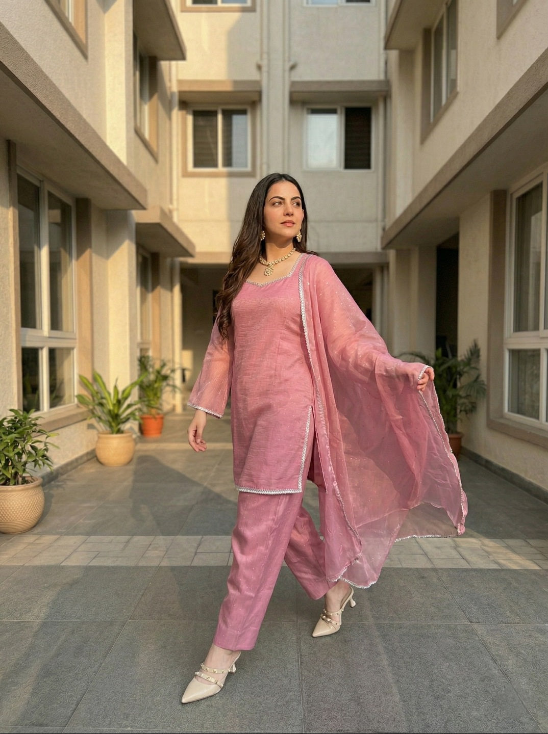 Women Crunchy Silk Kurta Set with Farshi Salwar & Dupatta | Sirovski Work Ethnic Suit