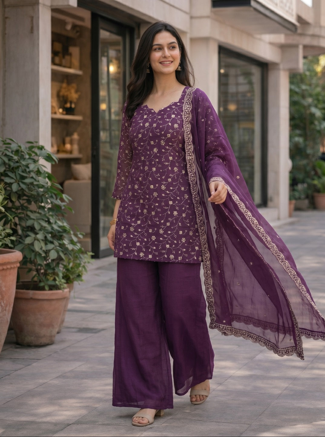 Purple Embroidered Crunchy Silk Kurta Set with Dupatta | Elegant Festive & Wedding Wear for Women