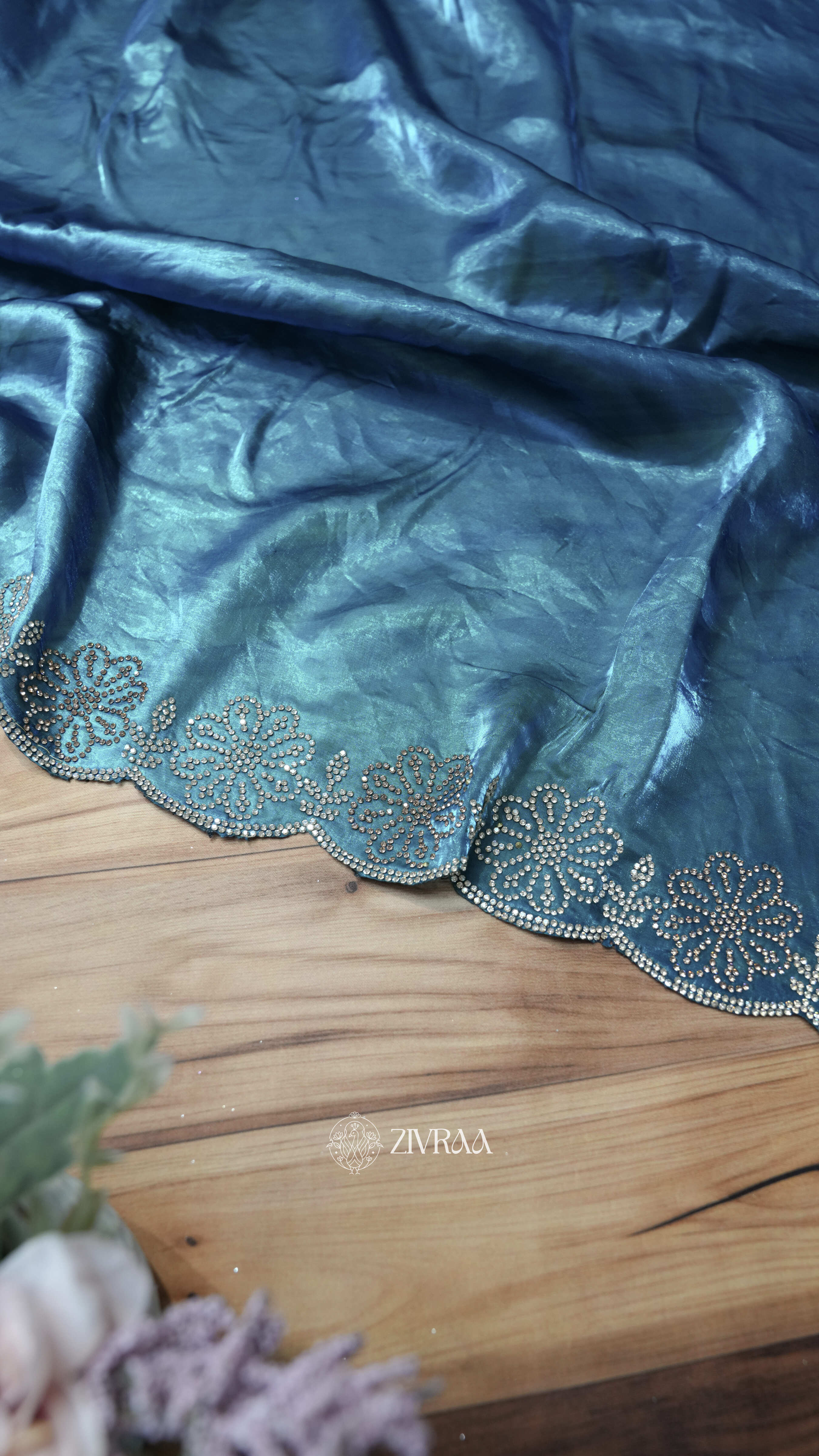 Elegant Teal Blue Fendi Silk Saree with Floral Stone Border