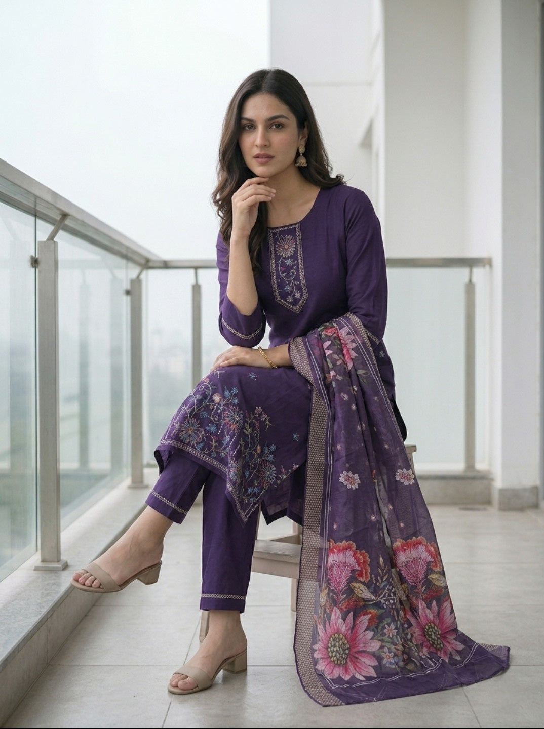 Purple Roman Silk Embroidered Kurta Set with Organza Chanderi Dupatta | Elegant Ethnic 3 Piece Suit Set for Women