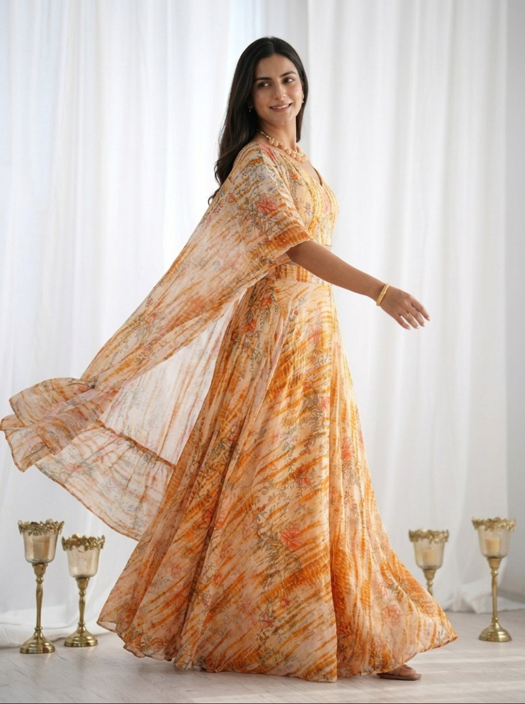 Yellow Floral Printed Georgette Indo Western Co-Ord Set with Shrug | Crop Top Palazzo Set for Women