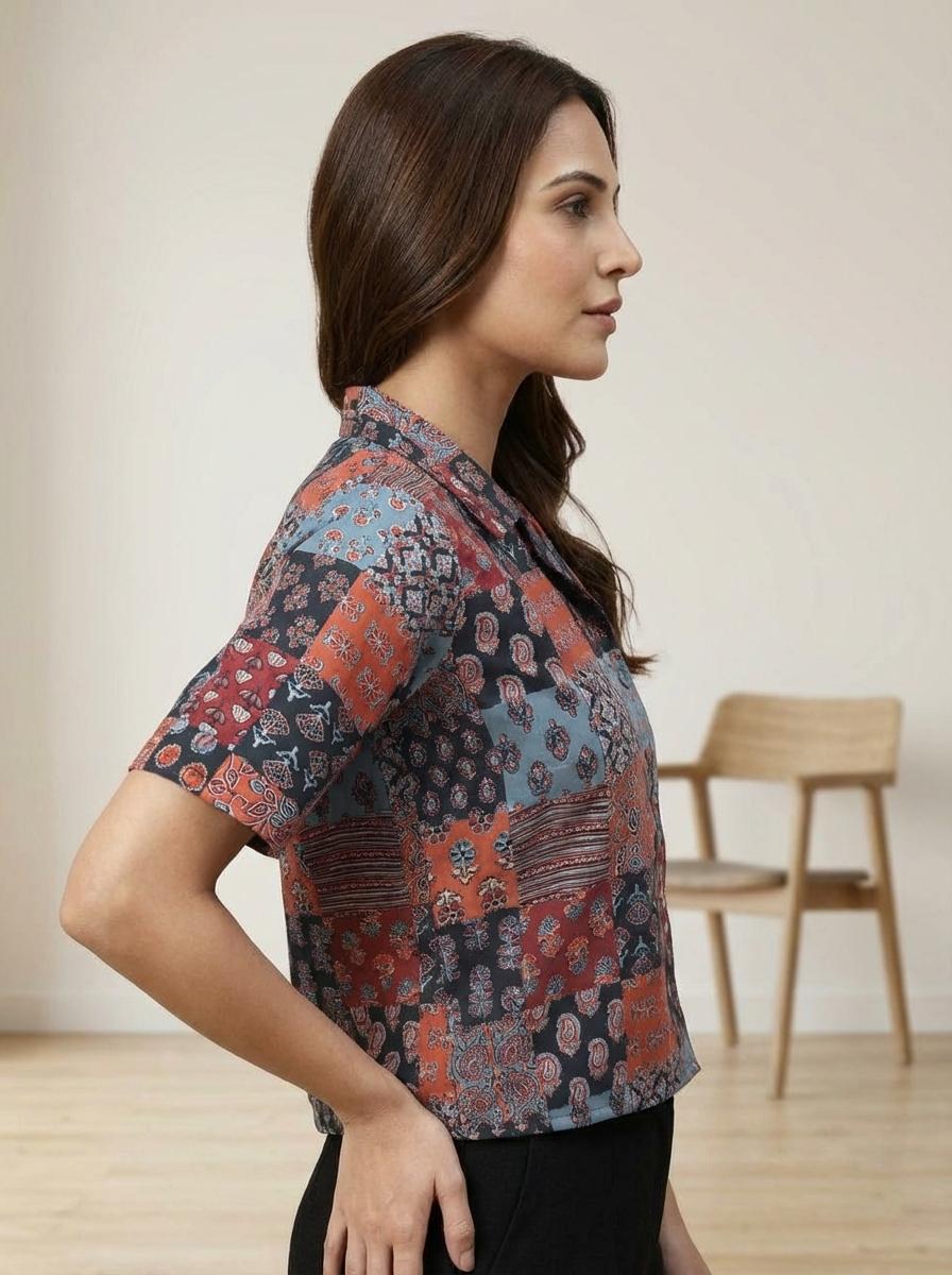 Women’s Multicolor Patchwork Printed Kurti – Short Sleeve Casual Ethnic Top