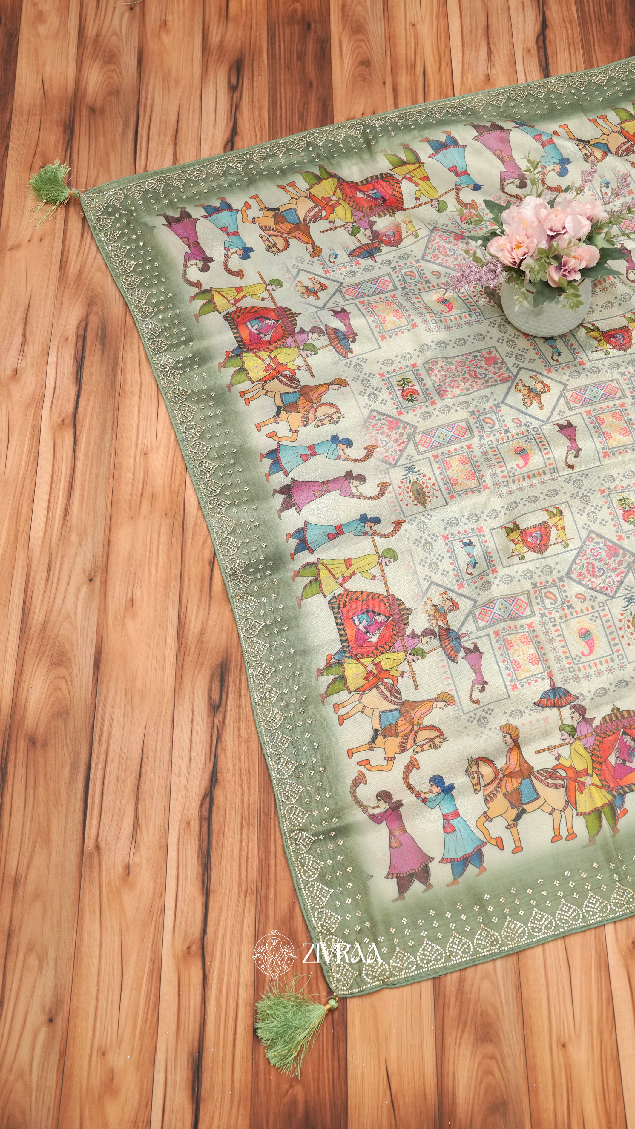 Beige Folk Art Print Saree with Silver Zari Border | Traditional Indian Cultural Motif Saree