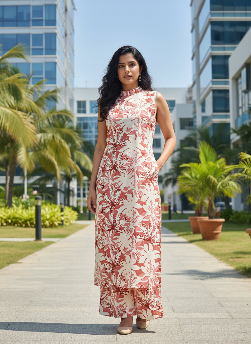 Floral Printed 2-Piece Kurta Set – Sleeveless Straight Kurta with Matching Bottom | Summer Ethnic Wear