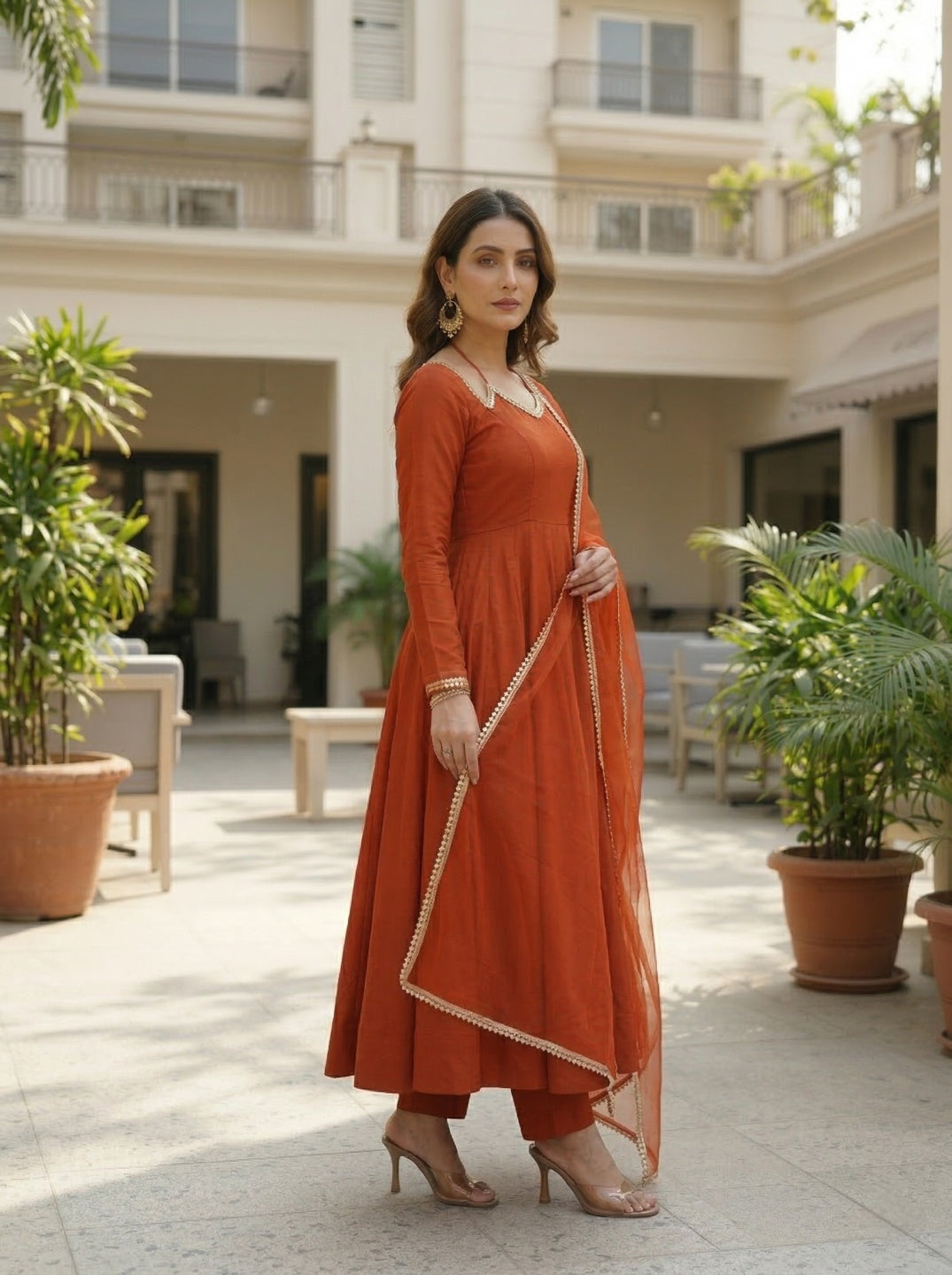 Anarkali Kurta Set with Net Dupatta | Roman Silk Chanderi Festive Wear for Women