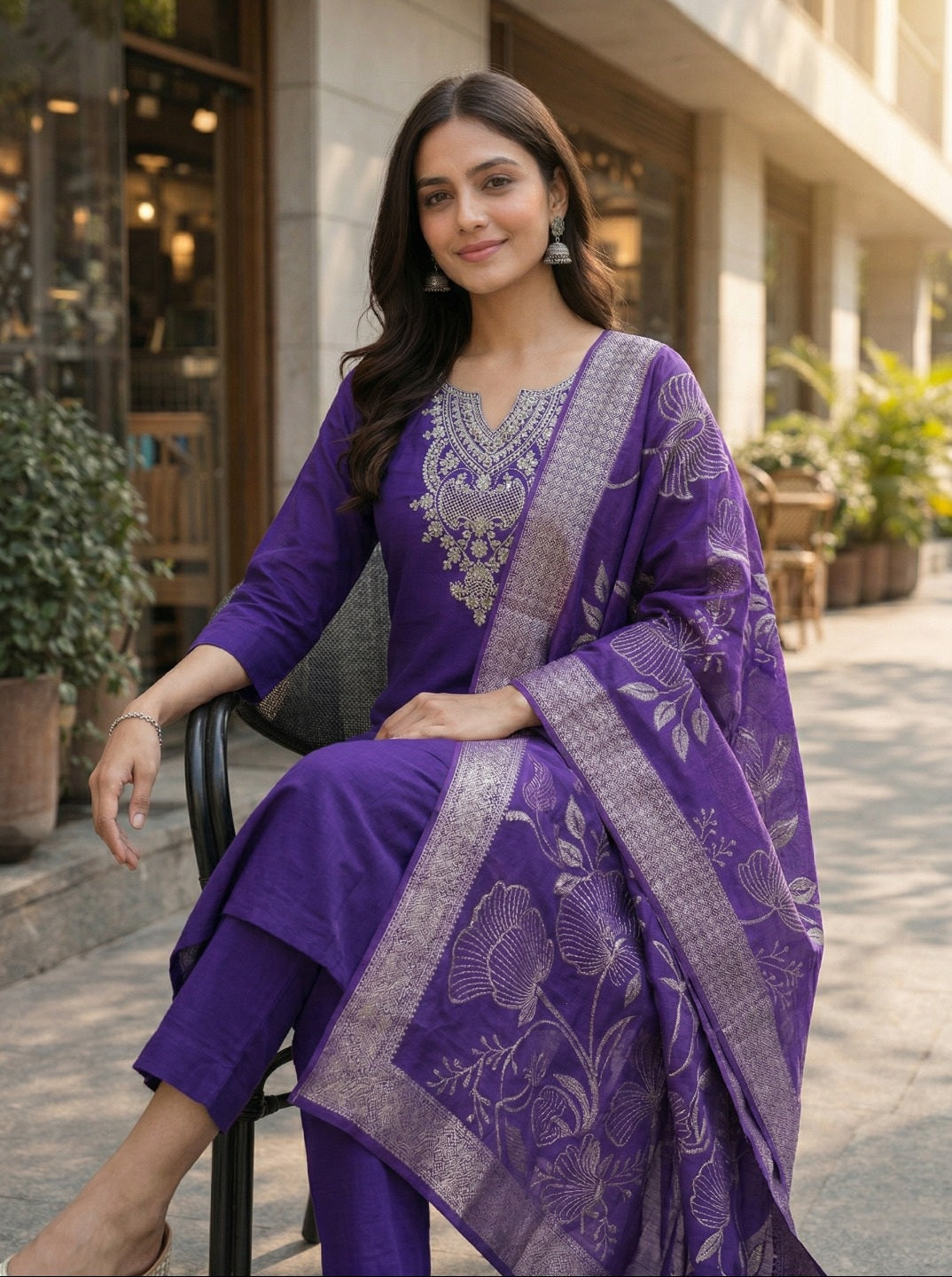 Royal  Ethnic Motif Embroidered Straight Kurta Set with Trousers & Dupatta – Elegant Art Silk Festive Suit