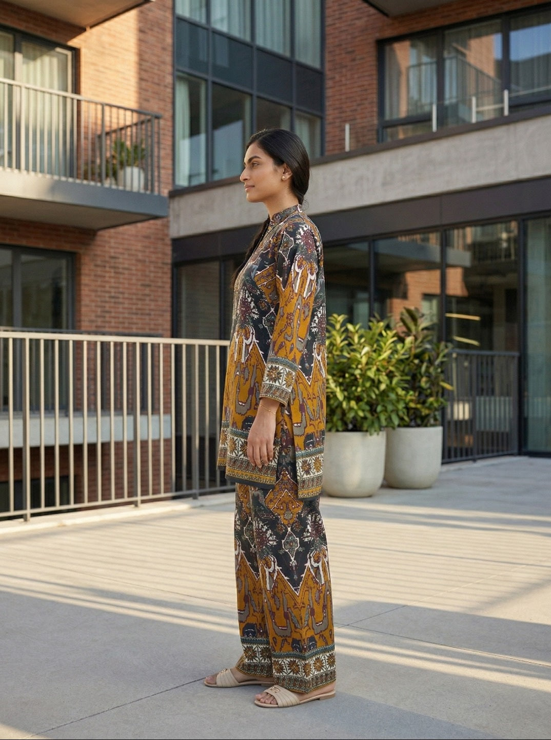 Abstract Printed Co-Ord Set with Mandarin Collar Top and Elasticated Trousers for Casual & Festive Wear