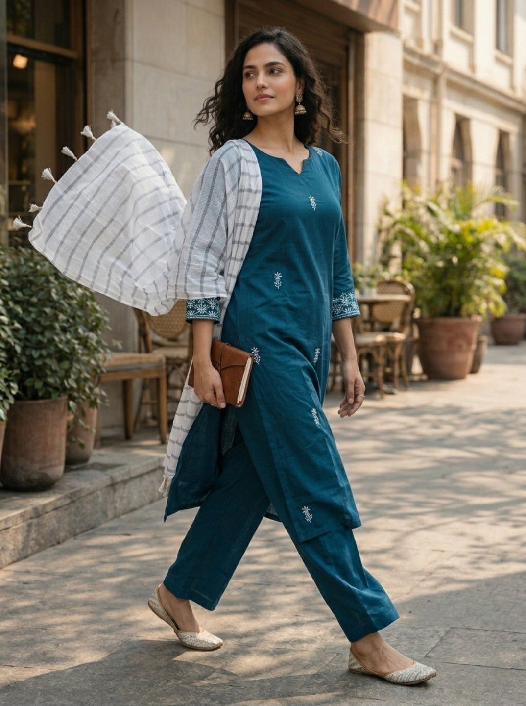 Women’s Teal Embroidered Kurta with Palazzos & Dupatta – Elegant Ethnic Suit Set