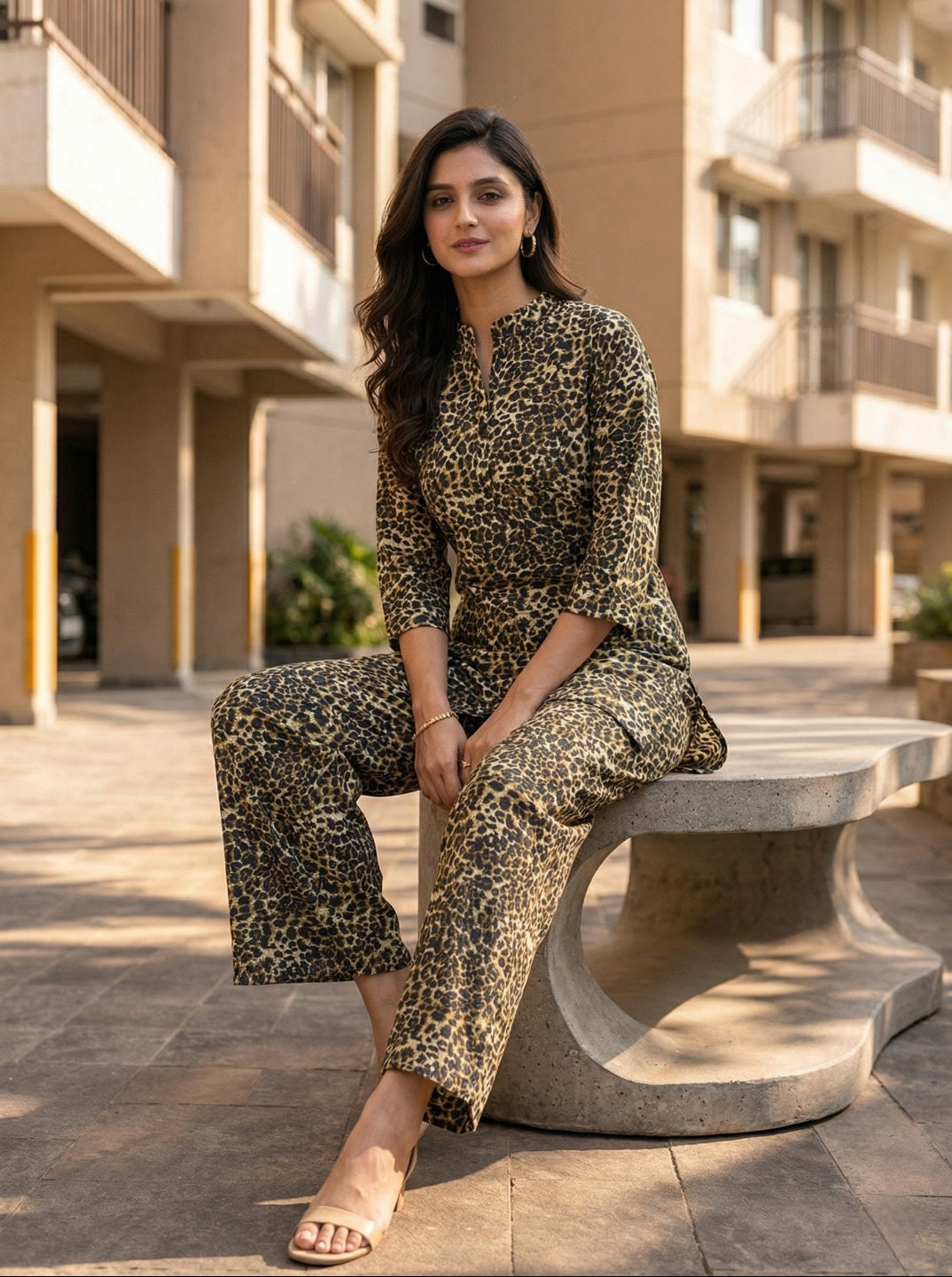 Printed Co-Ord Set with Mandarin Collar Top and Elasticated Trousers – Chic Everyday Statement Outfit