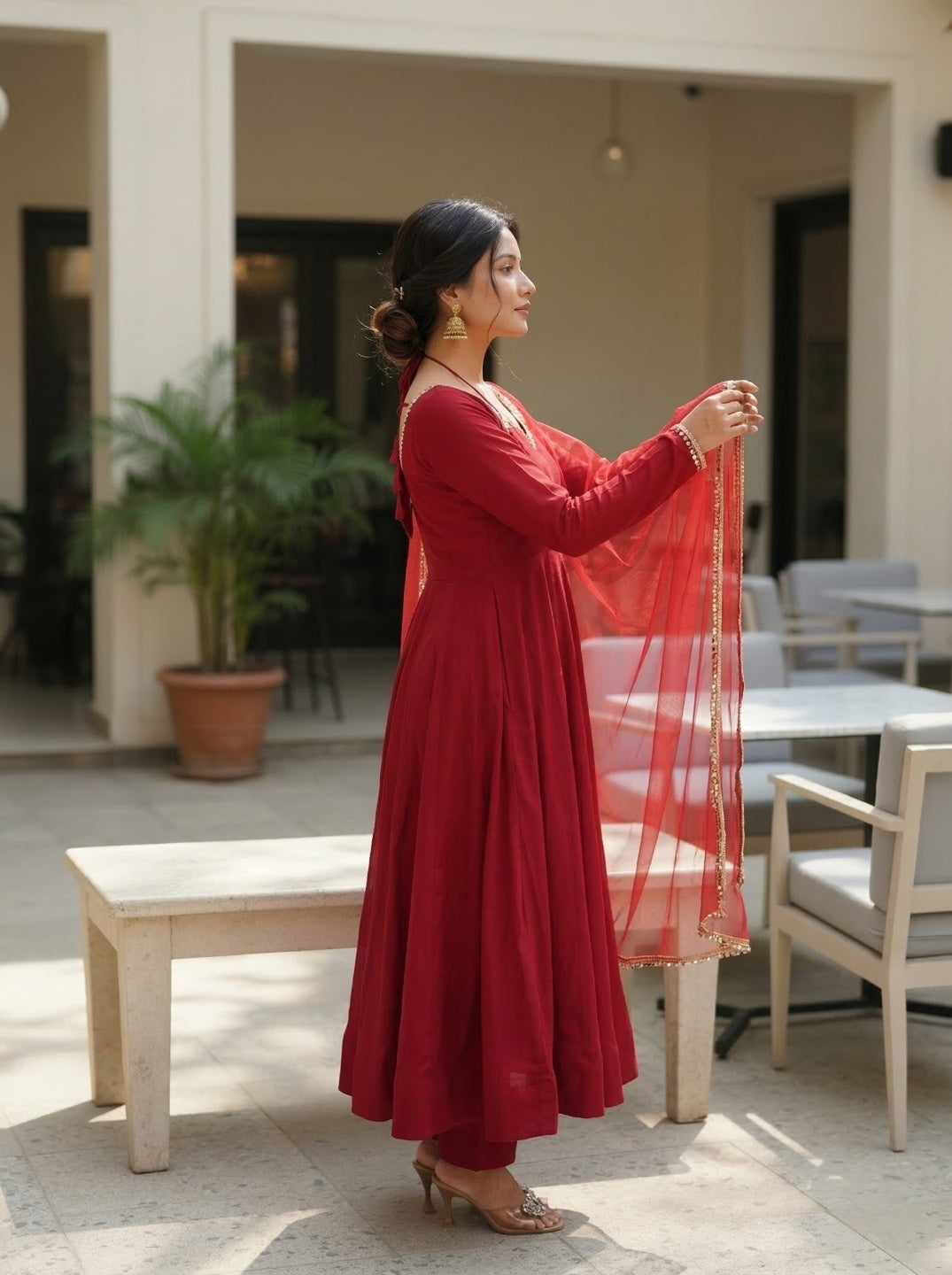Anarkali Kurta Set with Net Dupatta | Roman Silk Chanderi Festive Wear for Women