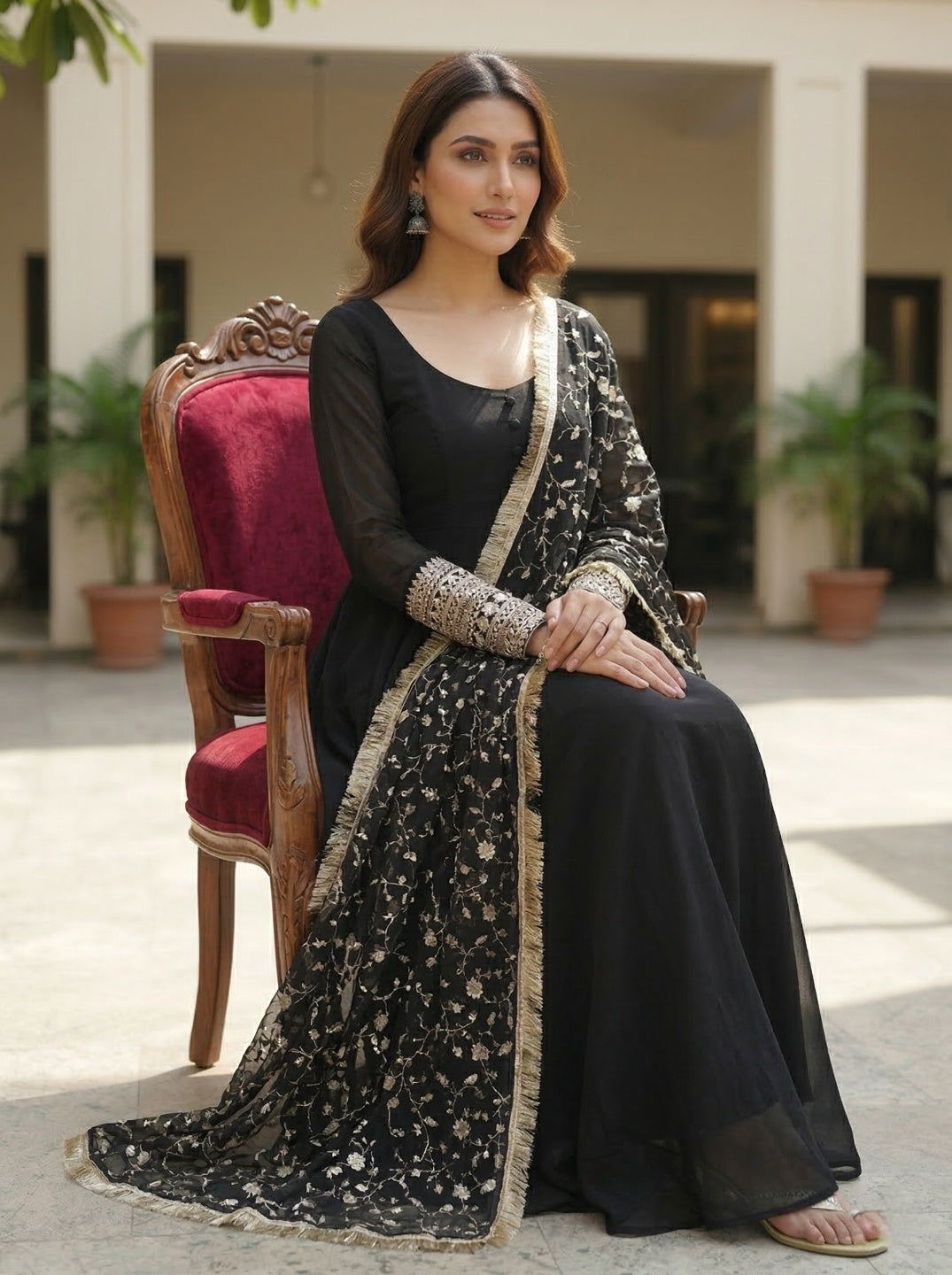 Georgette Anarkali Gown Set with Embroidered Dupatta & Pant – Party Wear Ethnic Set
