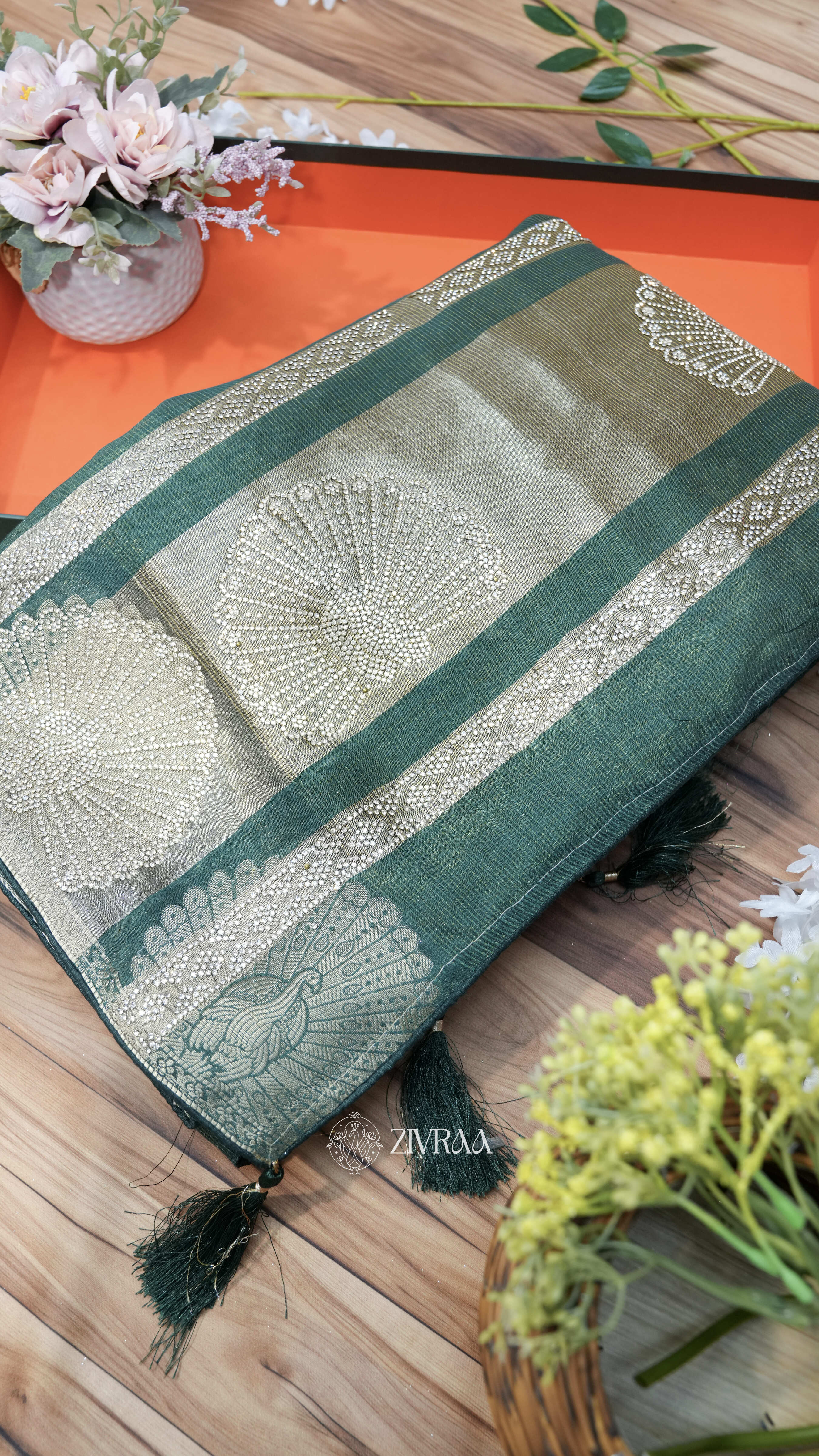 Rust Brown Silk Blend Saree with Swarovski Floral Motif Border