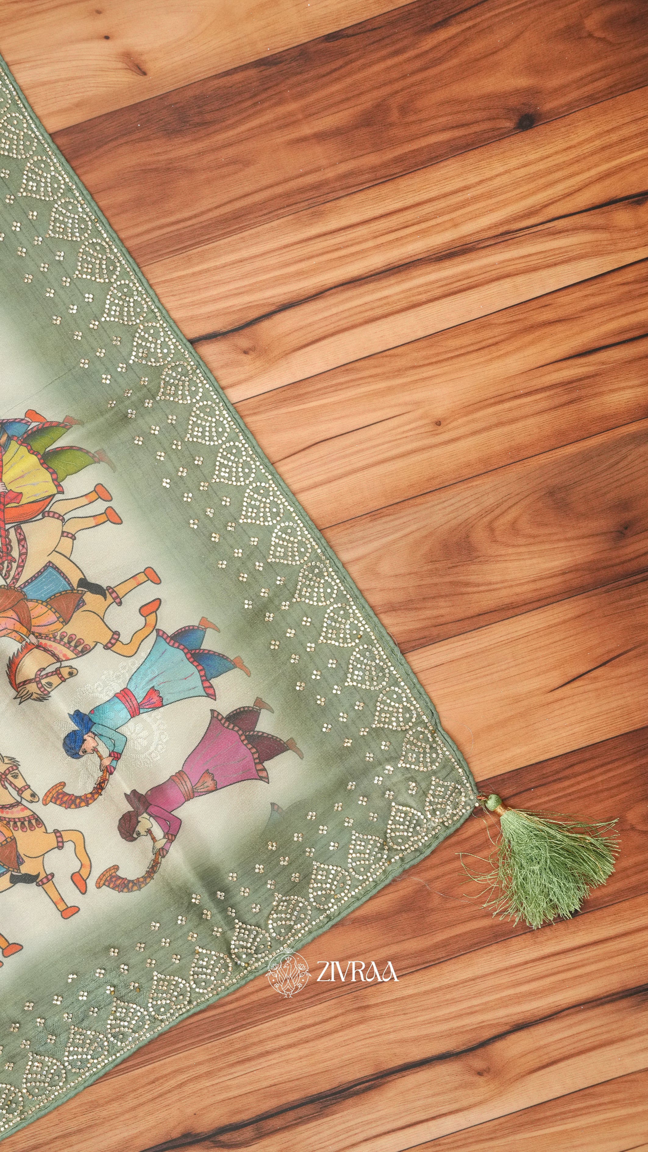 Brown Folk Art Print Saree with Traditional Rajasthani Motifs & Embellished Border