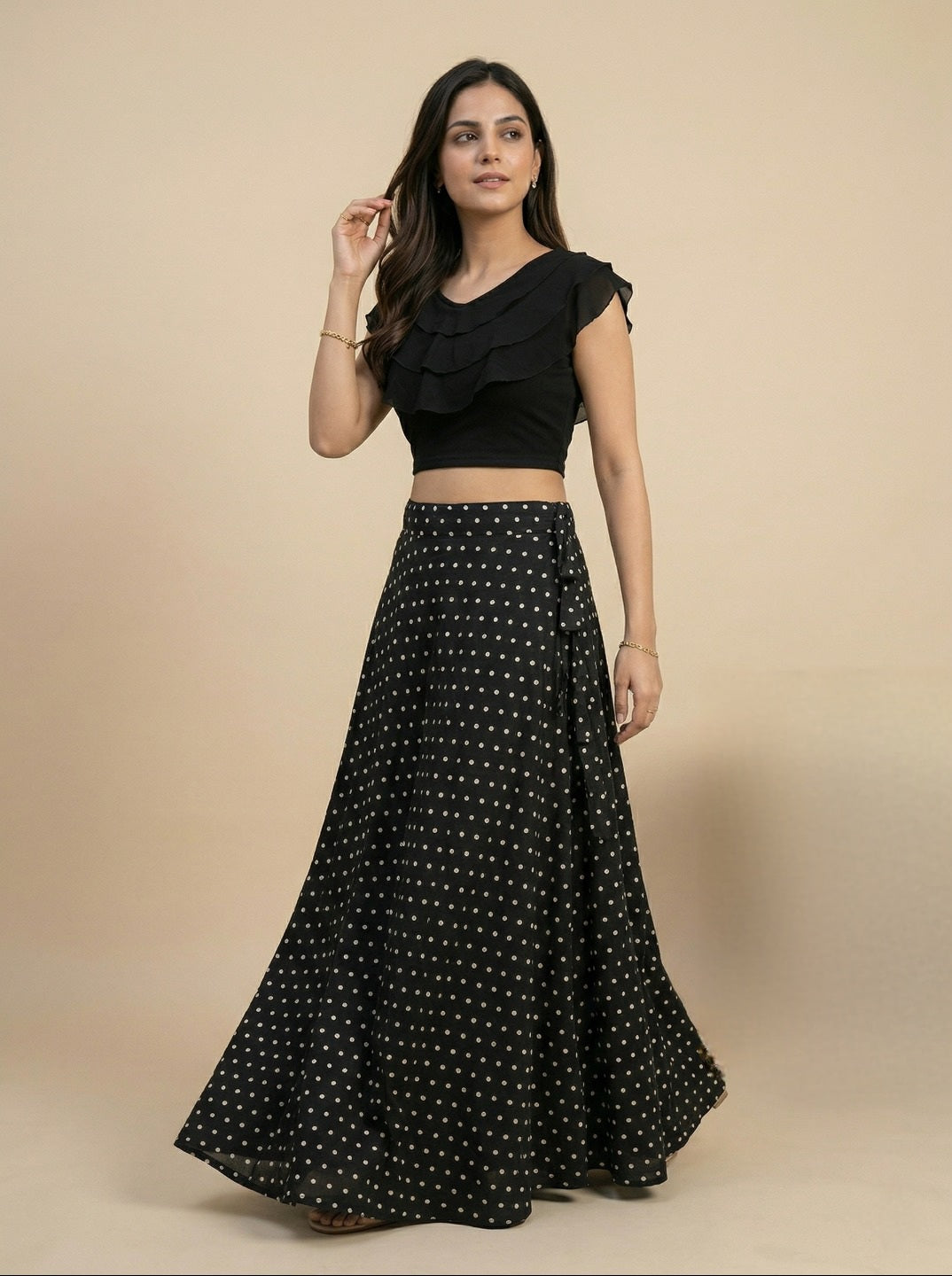 Black Crop Top & Skirt Set for Women | Lycra Crop Top with American Crepe Skirt Party Wear Co-Ord Set