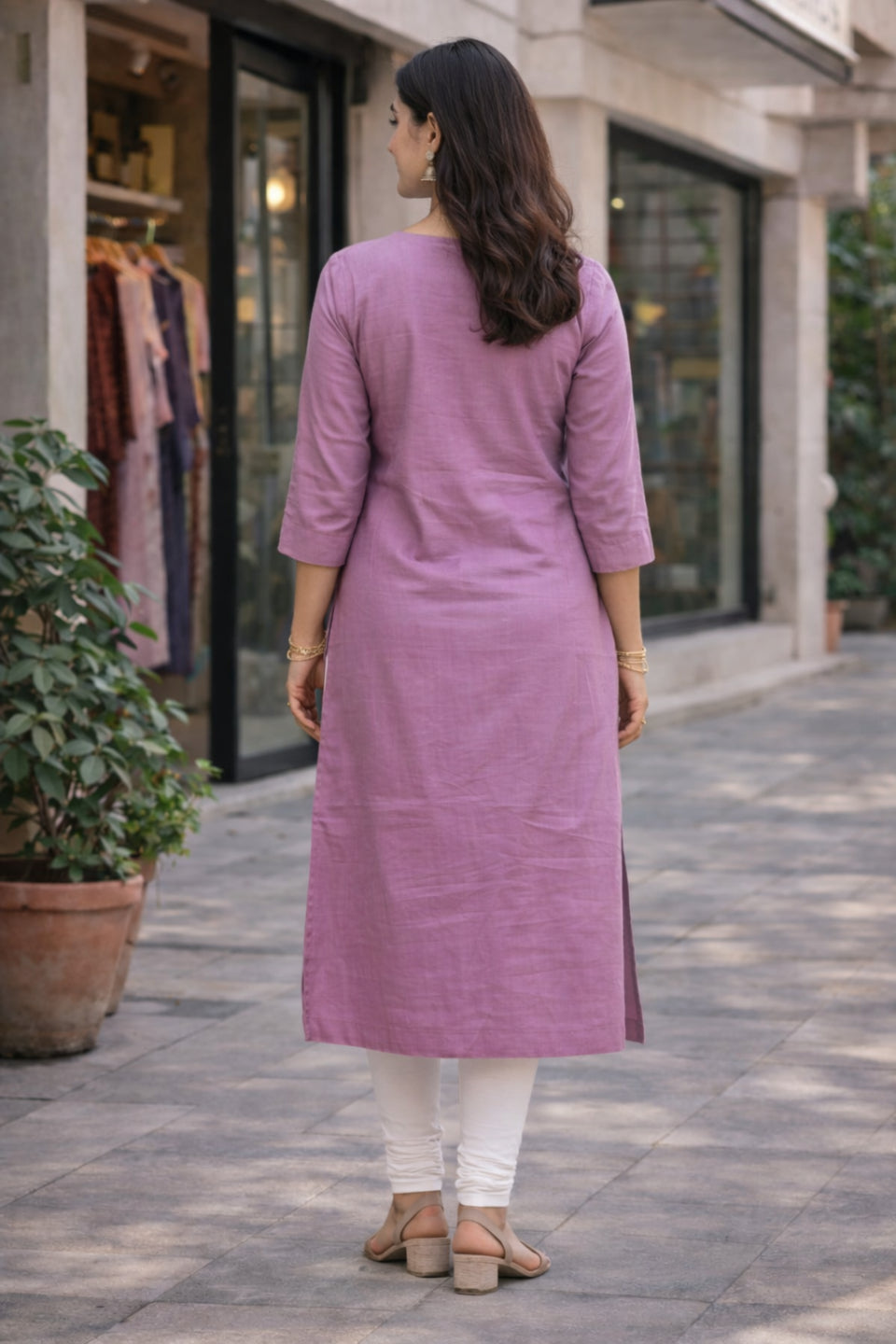 Women's Mauve Solid Straight Kurti with Embroidered Neck | Elegant Ethnic Kurta for Women | Casual & Office Wear Stylish Kurti