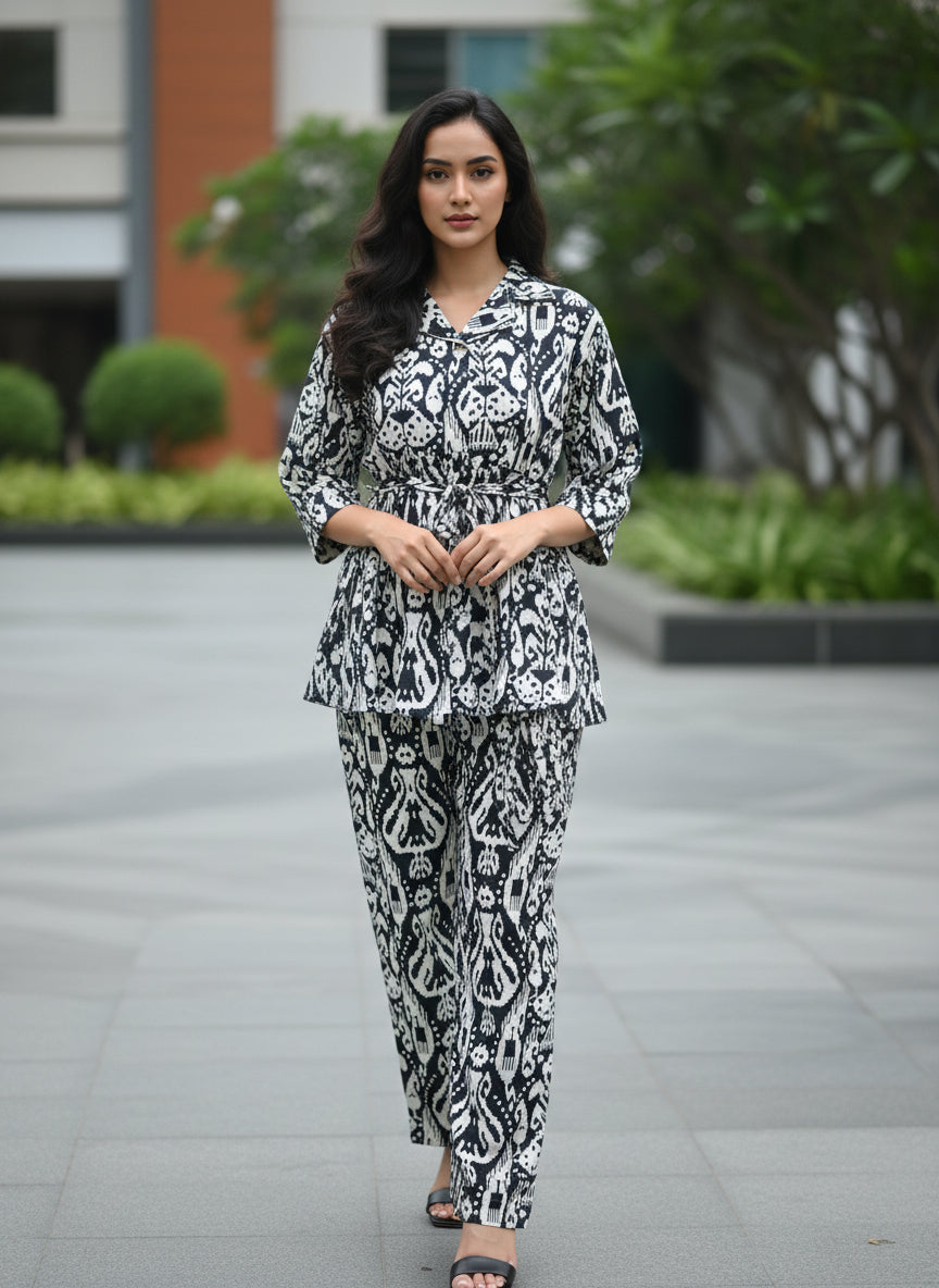 Black & White Printed Co-Ord Set for Women | Peplum Top & Straight Pants