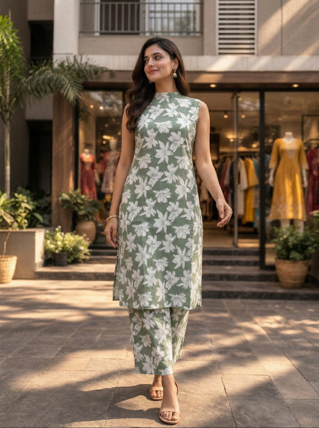 Women Floral Printed 2 Kurta Set with Pants | Sleeveless Straight Kurti Set | Casual Summer Ethnic Wear for Women
