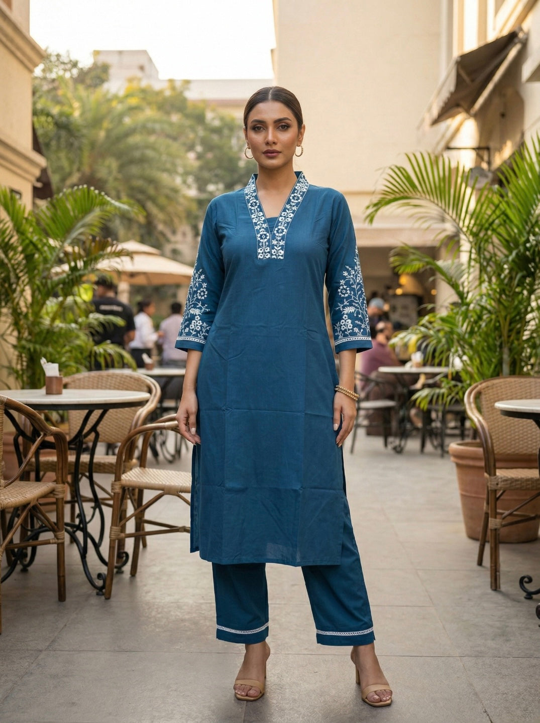 Ethnic Motifs Embroidered Cotton Blend Kurta Set for Women | V-Neck Thread Work Straight Kurta with Trousers