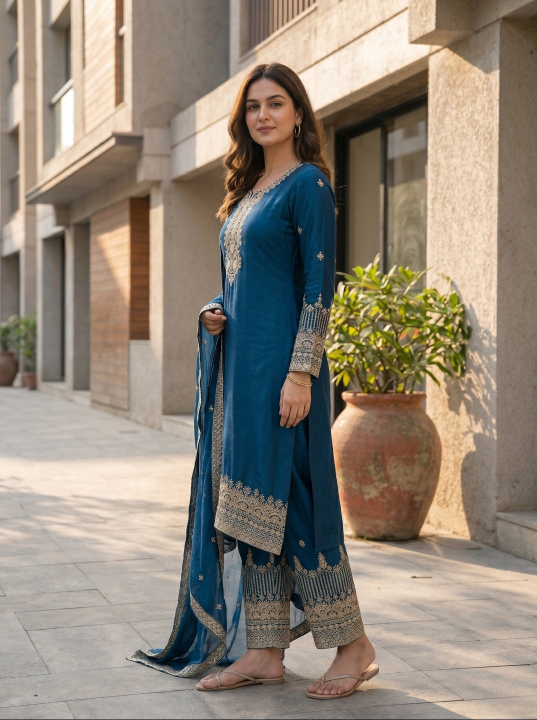 Blue Pure Chinon Silk Embroidered Straight Kurta Set with Dupatta & Trousers | Festive & Ethnic Wear for Women