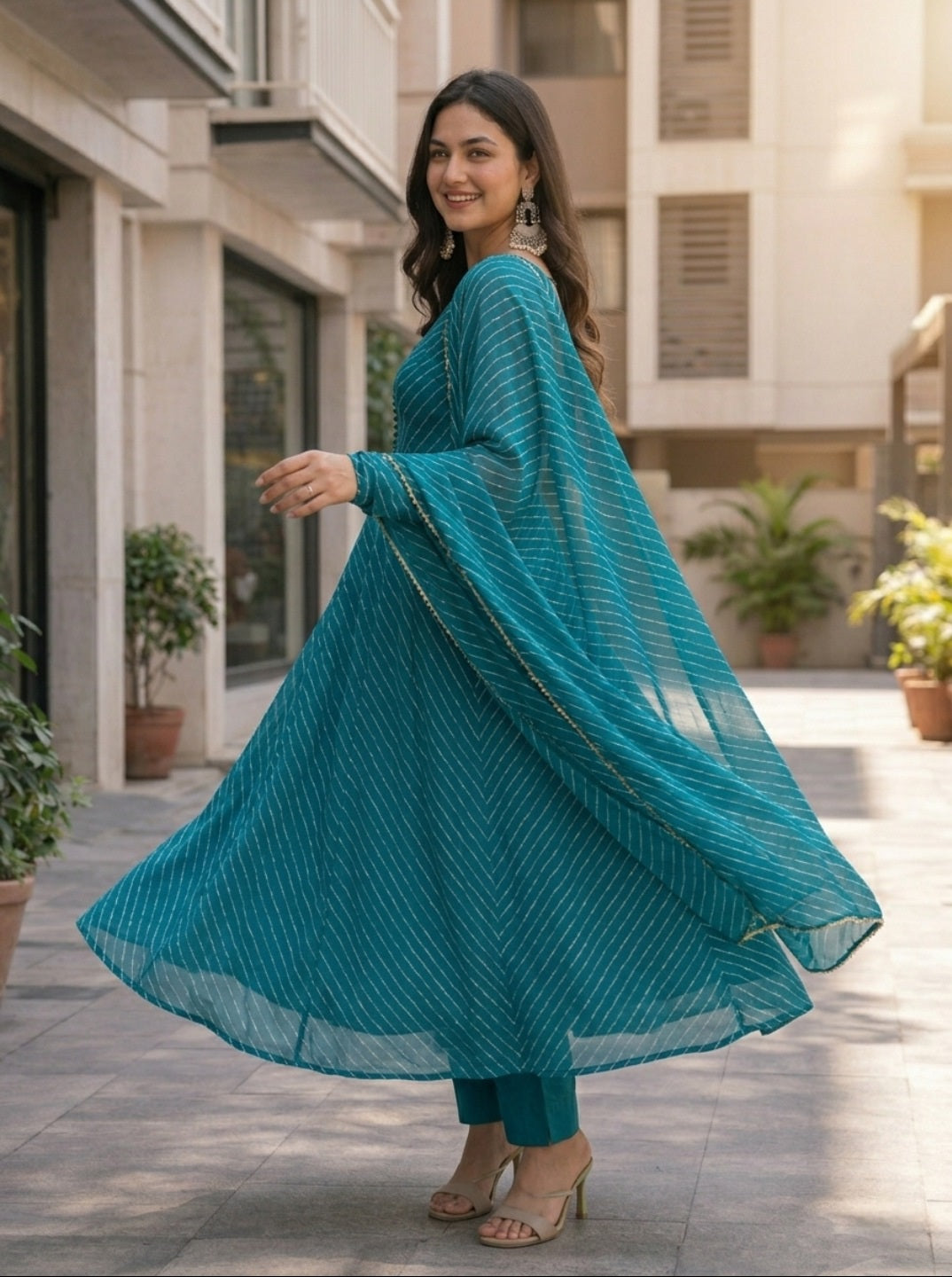 premium Laheriya Print Anarkali Suit Set with Dupatta | Designer Fox Georgette Flared Kurta Set for Women