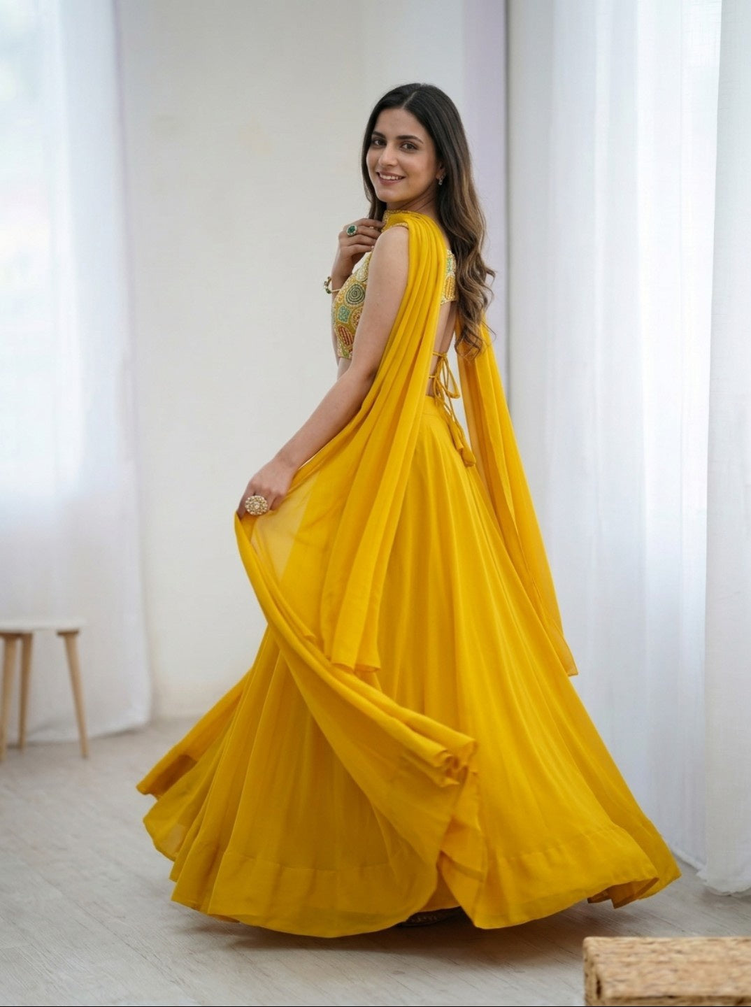 Georgette Lehenga Choli with Embroidered Blouse & Dupatta | Festive & Haldi Special Outfit