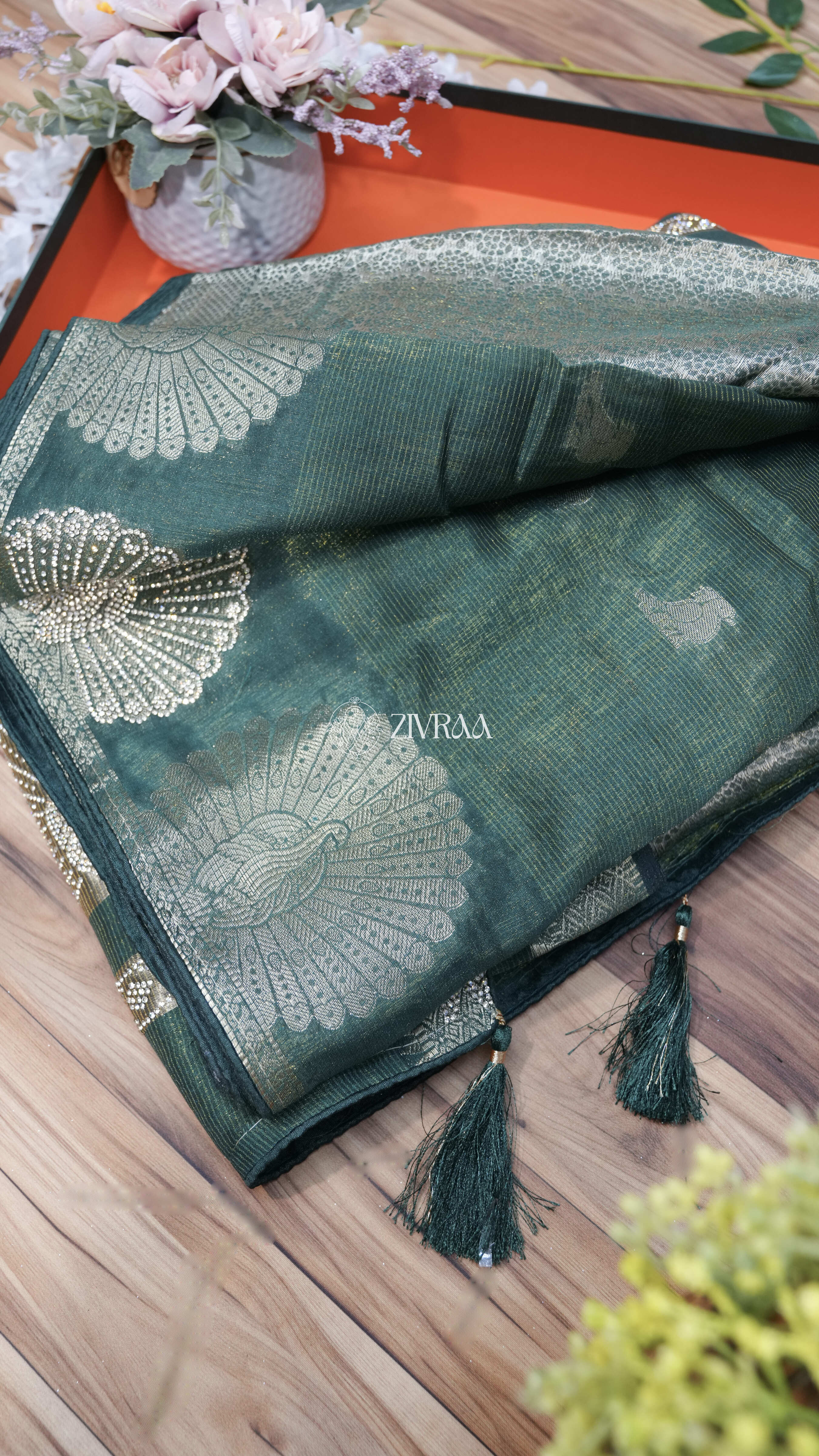 Rust Brown Silk Blend Saree with Swarovski Floral Motif Border