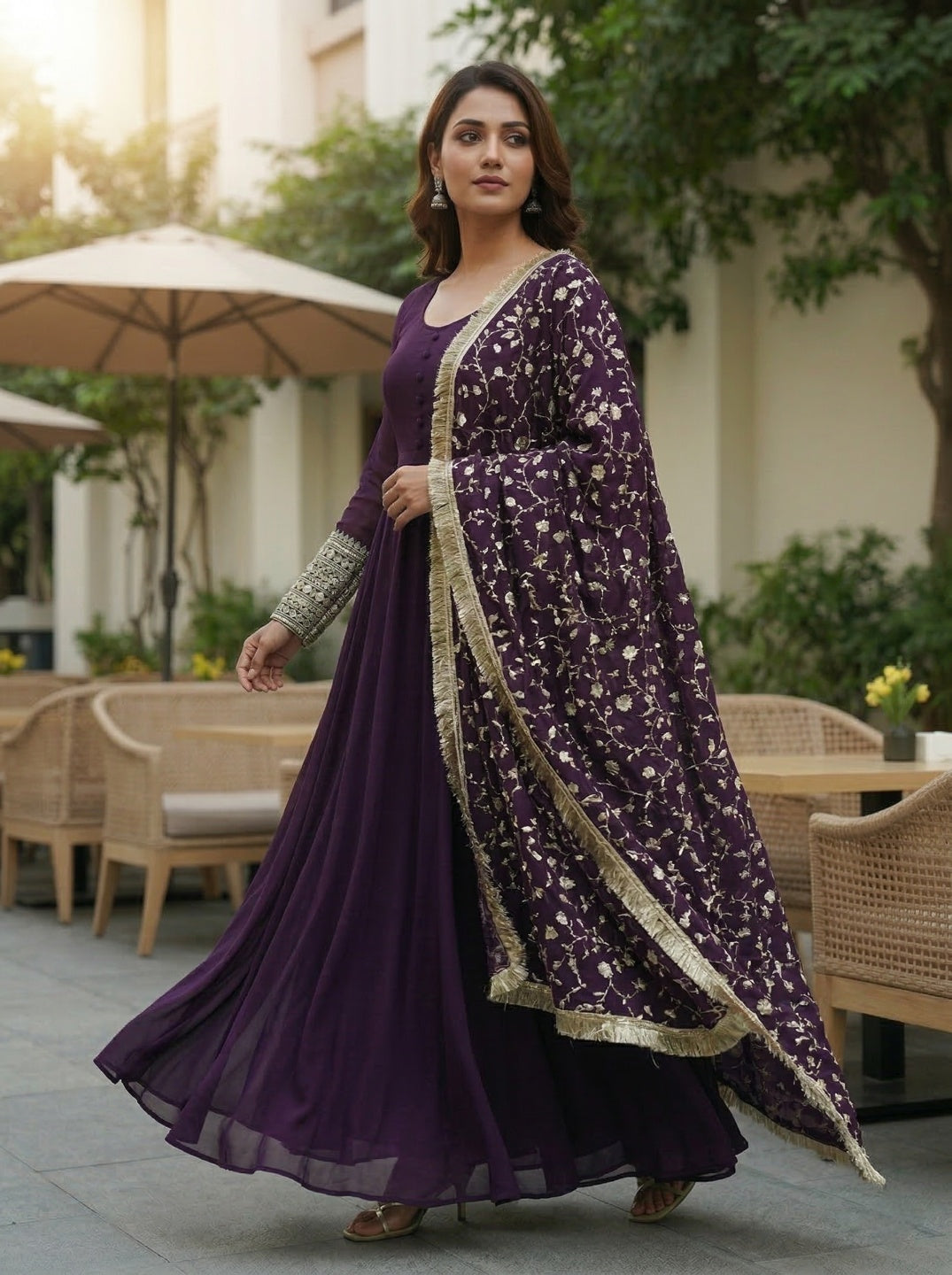 Georgette Anarkali Gown Set with Embroidered Dupatta & Pant – Festive Wear | Fully Stitched
