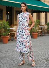 Women Floral Printed 2 Piece Kurta Set with Pants | Sleeveless Straight Kurti Set | Casual Summer Ethnic Wear for Women