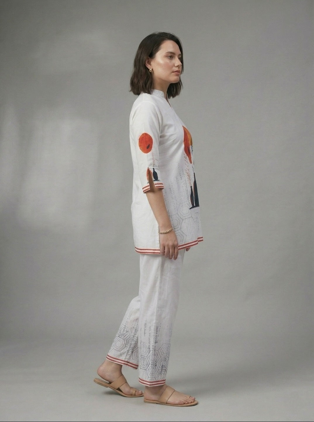 Women White Printed Rayon Slub Co-Ord Set | Casual Ethnic Two Piece Kurta Pant Set for Daily & Office Wear