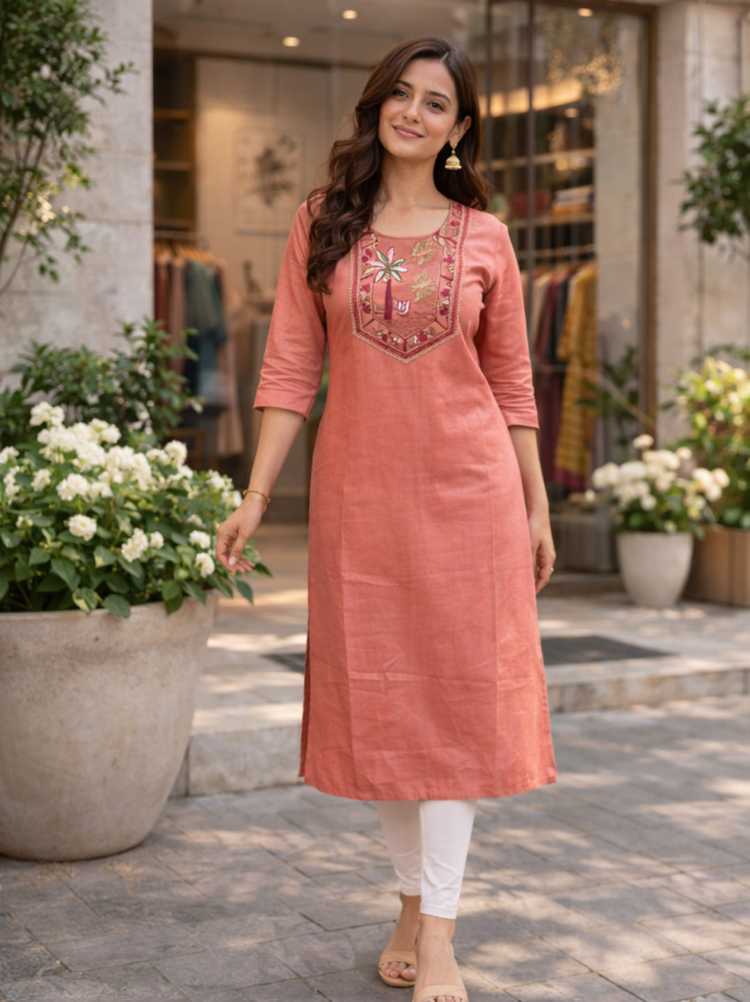 Women's Peach Embroidered Straight Kurti | Elegant Ethnic Kurta for Women | Stylish Daily & Office Wear Kurti