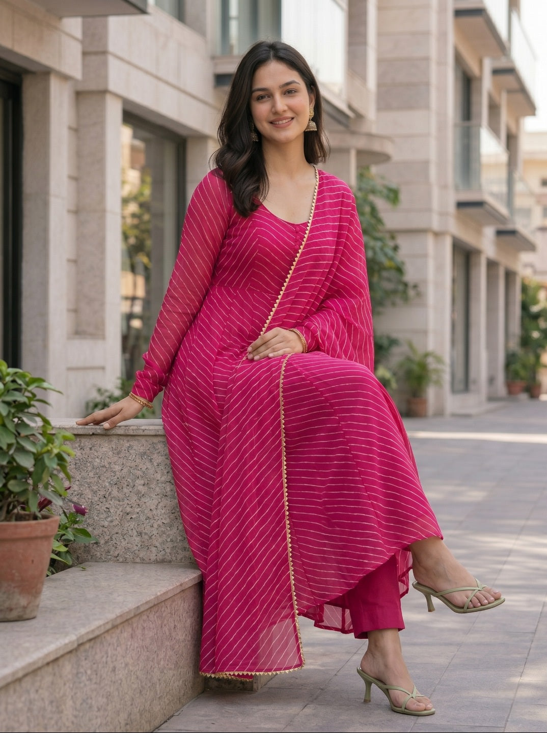 Stylish Laheriya Print Anarkali Suit Set with Dupatta & Pants | Pure Fox Georgette Festive Wear