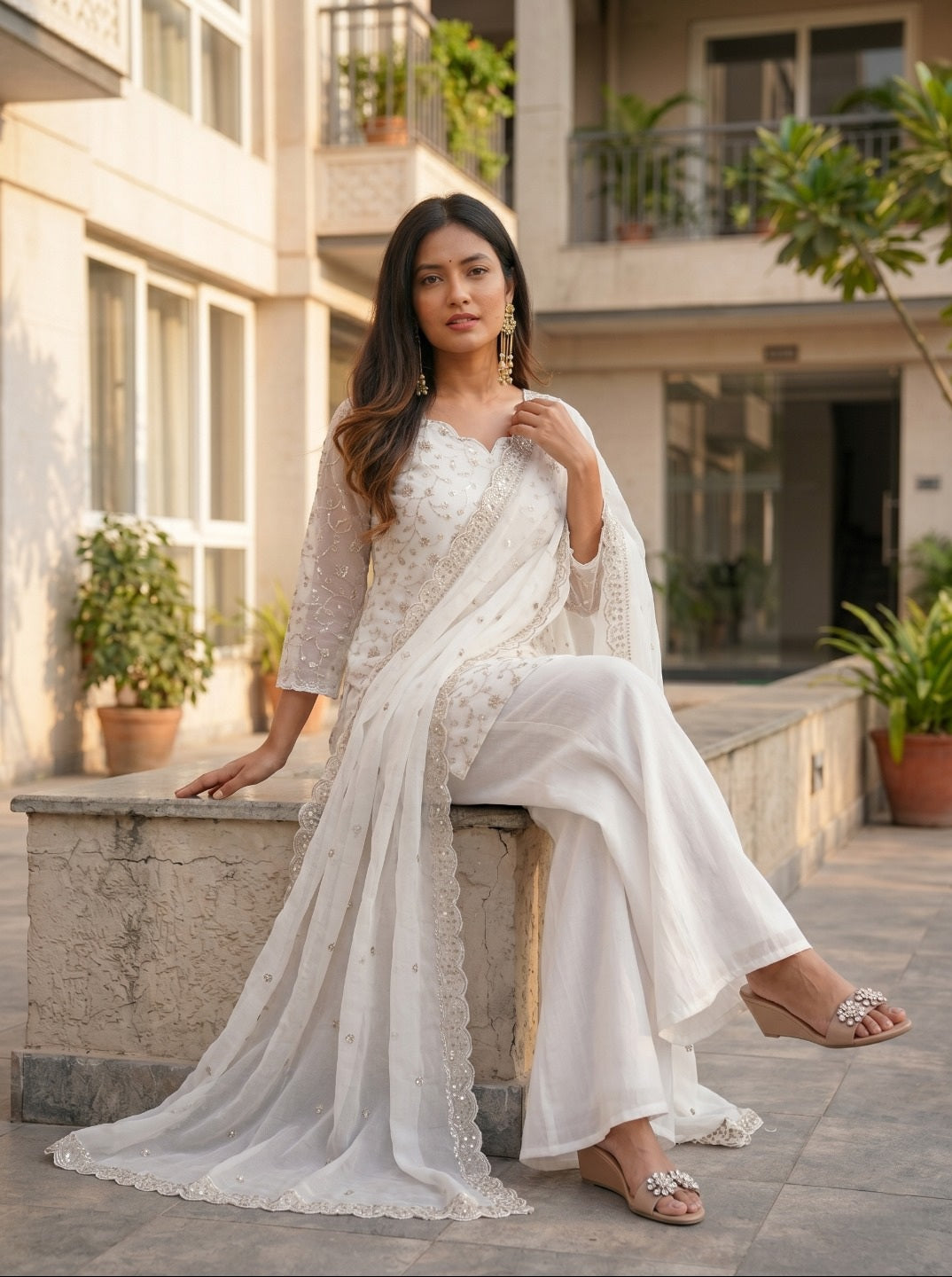 Elegant White Crunchy Silk Kurta Set with Dupatta | Ethnic Festive Wear for Women