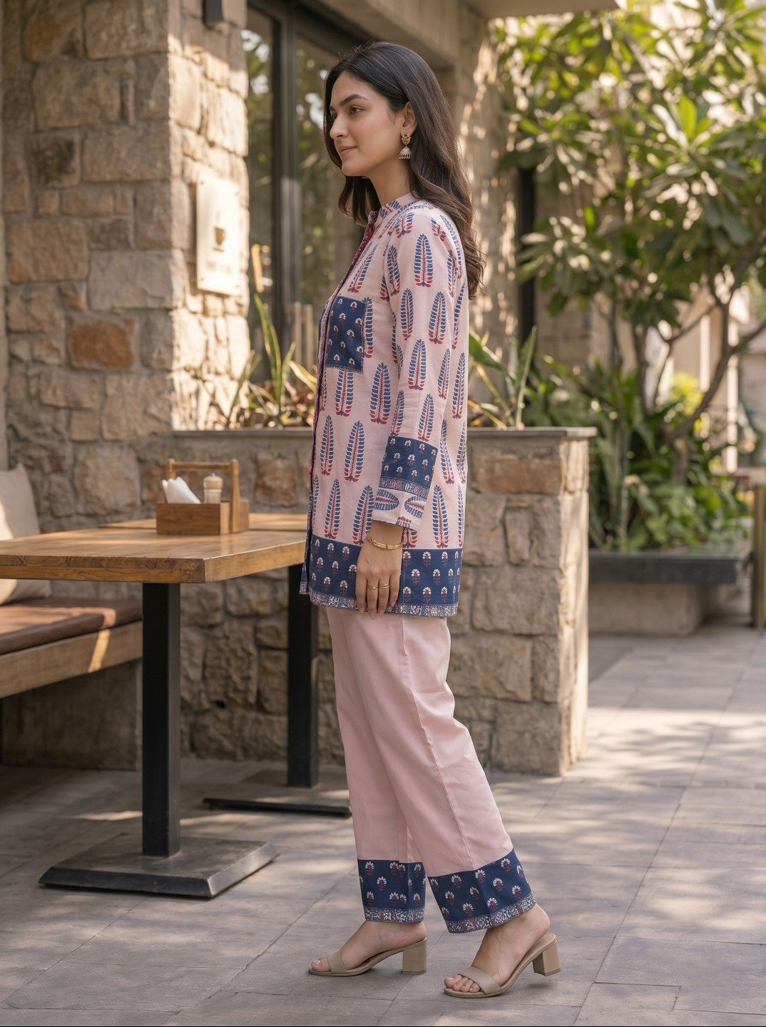 Peach Printed Rayon Slub Co-Ord Set for Women | Ethnic Casual Kurta & Pant Set | Straight Fit Stylish Co-Ord Set