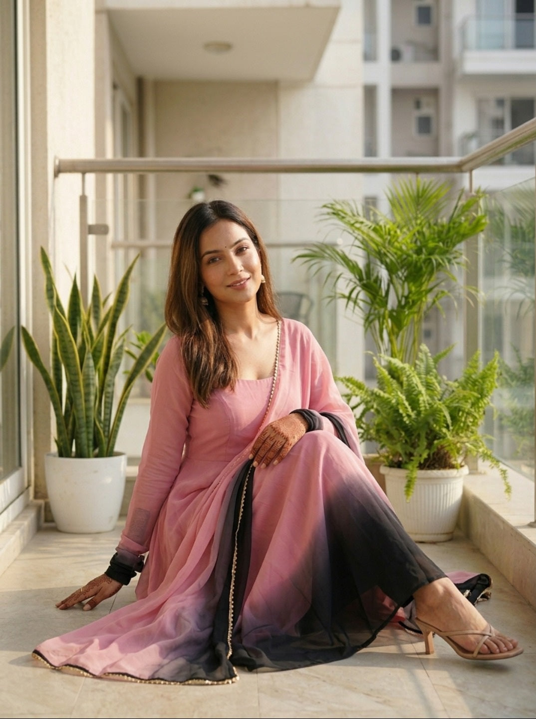 Women Fox Georgette Fully Flared Anarkali Kurta Set with Dupatta & Pants