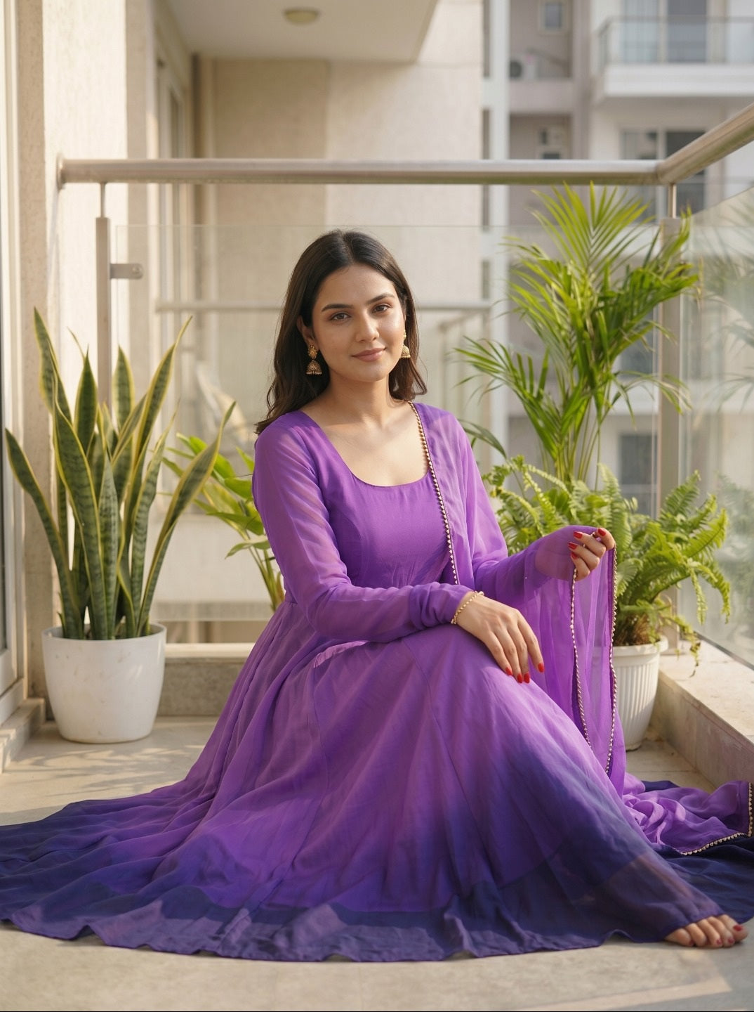 Women Fox Georgette Fully Flared Anarkali Kurta Set with Dupatta & Pants