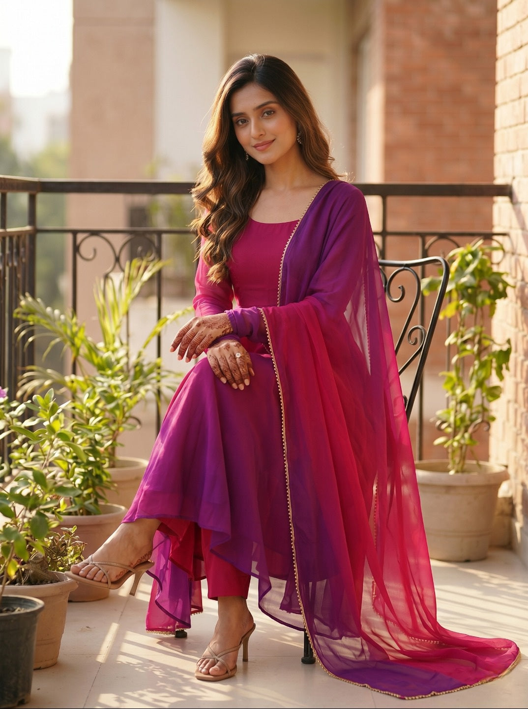 Women Fox Georgette Fully Flared Anarkali Kurta Set with Dupatta & Pants