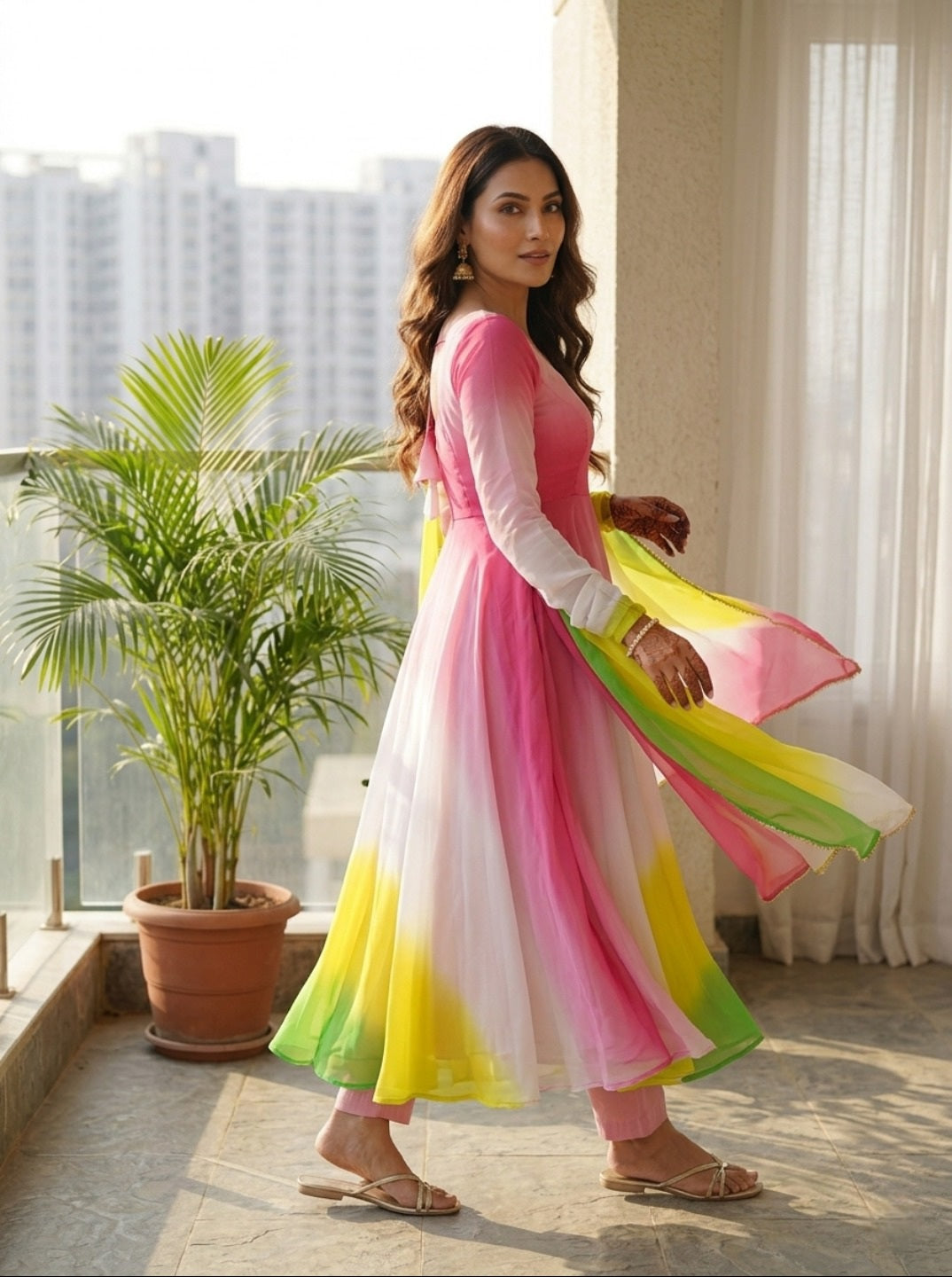 Women Fox Georgette Fully Flared Anarkali Kurta Set with Dupatta & Pants