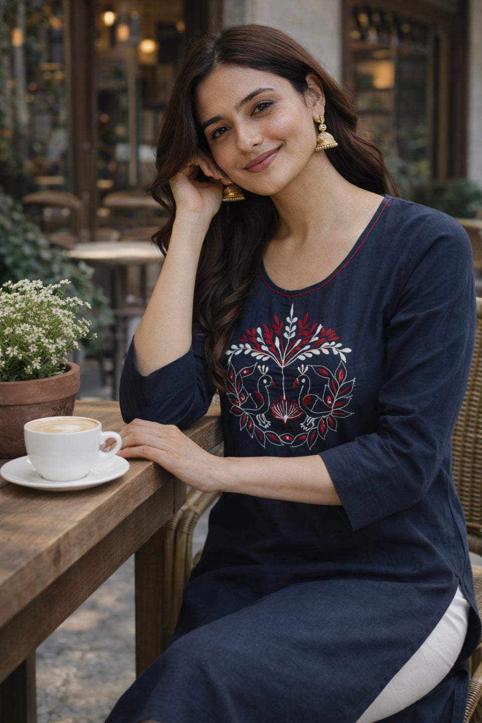 Women's Navy Blue Embroidered Straight Kurti | Elegant Ethnic Kurta for Women | Stylish Casual & Office Wear Kurti