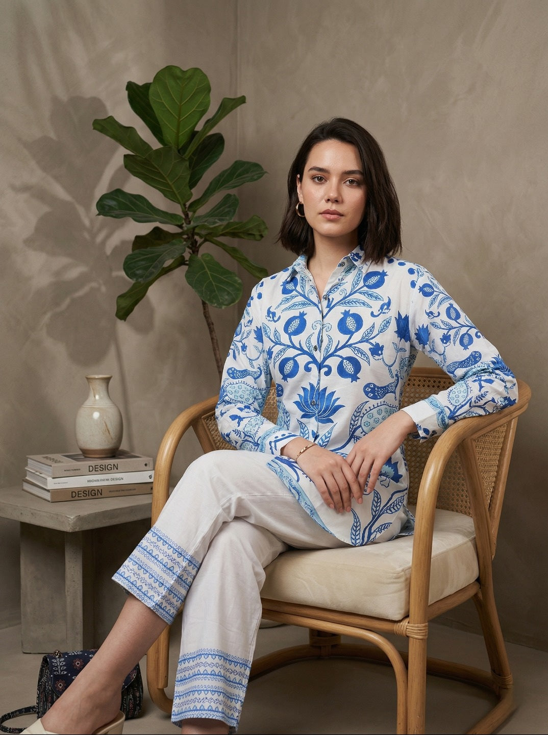Women White & Blue Printed Rayon Slub Co-Ord Set | Stylish Kurta Pant Set for Office & Casual Wear