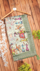 Brown Folk Art Print Saree with Traditional Rajasthani Motifs & Embellished Border