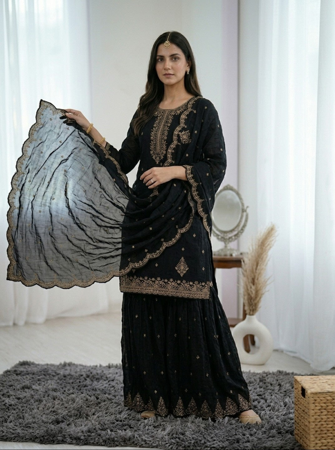Black Embroidered Kurta Sharara Set with Dupatta | Heavy Crunchy Silk Festive Wear | Designer Ethnic Suit for Women
