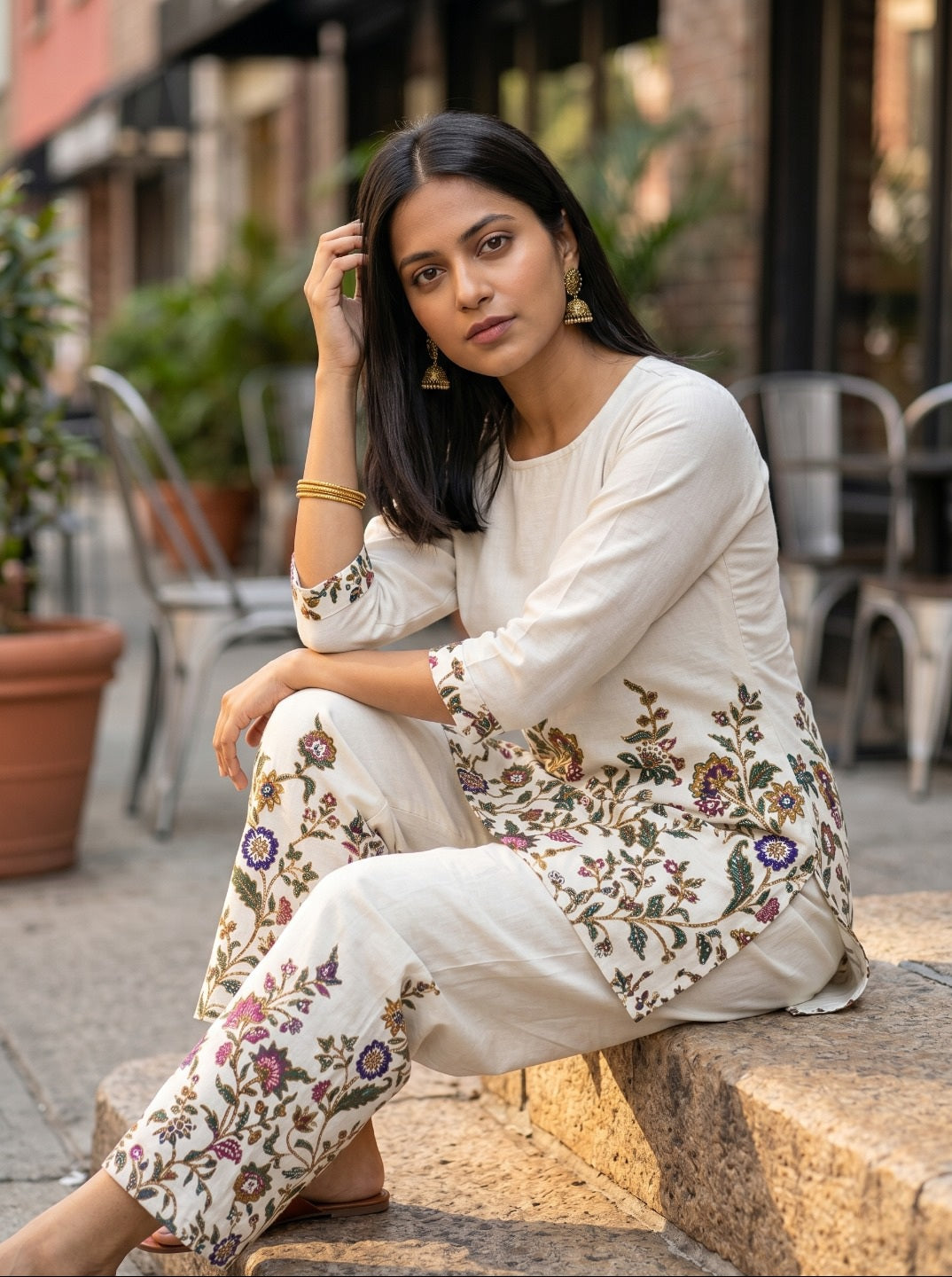 Women Off-White Floral Printed Khadi Cotton Co-Ord Set with Straight Kurta & Trousers