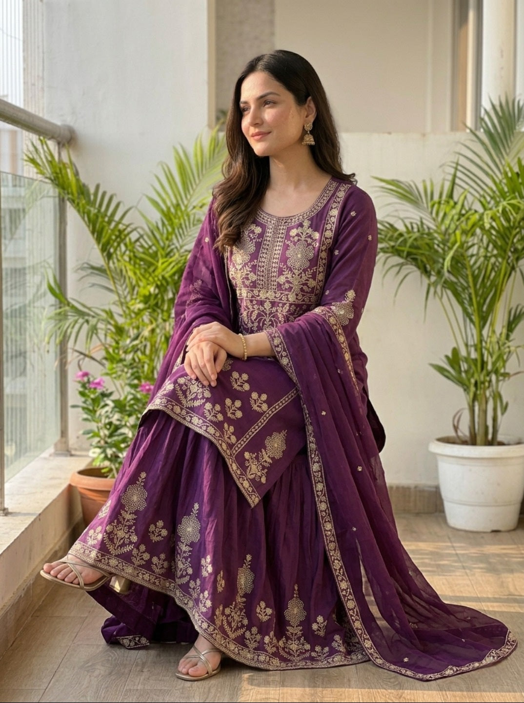 Purple Embroidered Chinnon Silk Kurta Set with Sharara & Dupatta | Festive 3-Piece Ethnic Set for Women