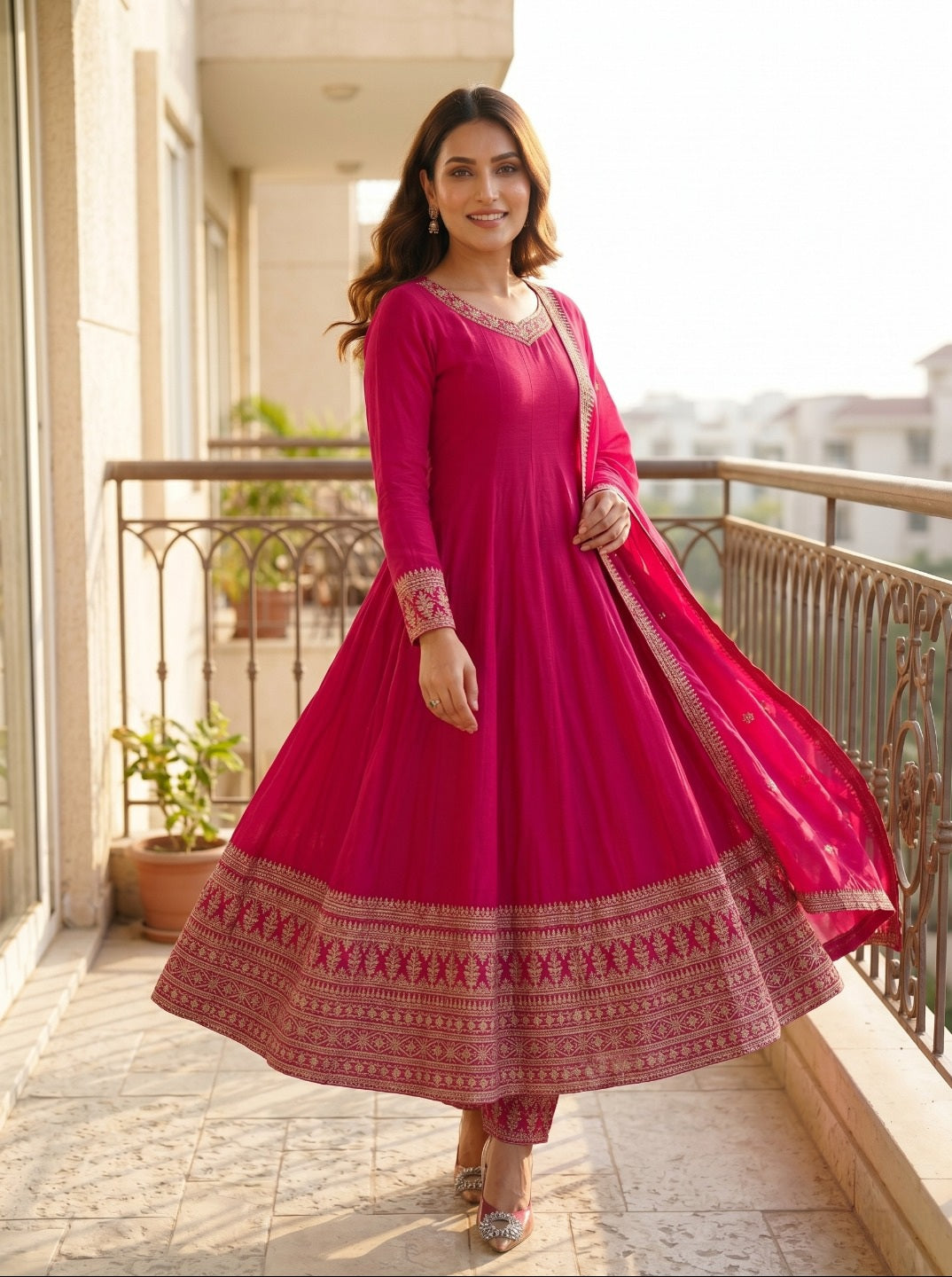 Women Darkpink Vichitra Silk Embroidered 3 Piece Kurta Set with Dupatta | Festive & Party Wear Ethnic Set