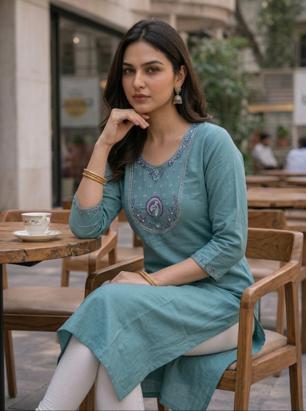 Firozi Rayon Slub Embroidered Straight Kurti for Women | Casual & Ethnic Wear