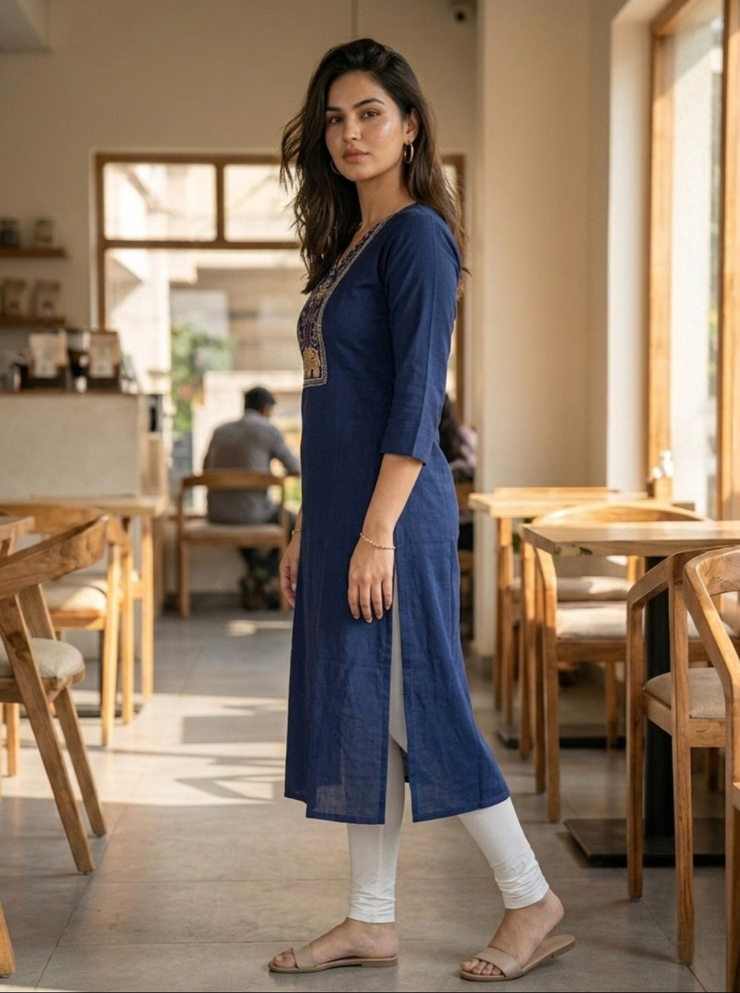Navy Blue Rayon Slub Embroidered Straight Kurti for Women | Ethnic Casual Wear