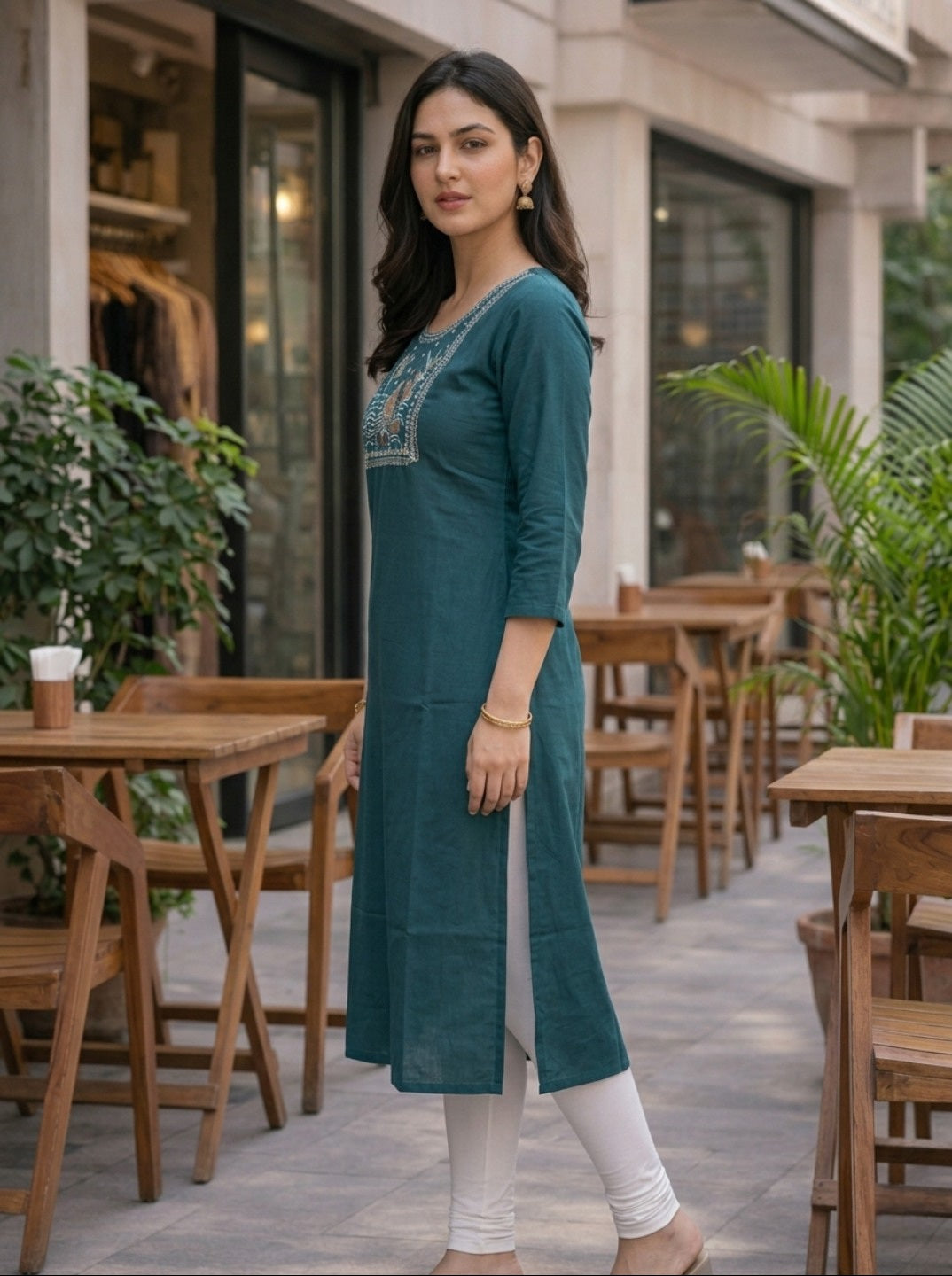Stylish Teal Green Rayon Slub Embroidered Straight Kurti for Women | Casual Ethnic Wear