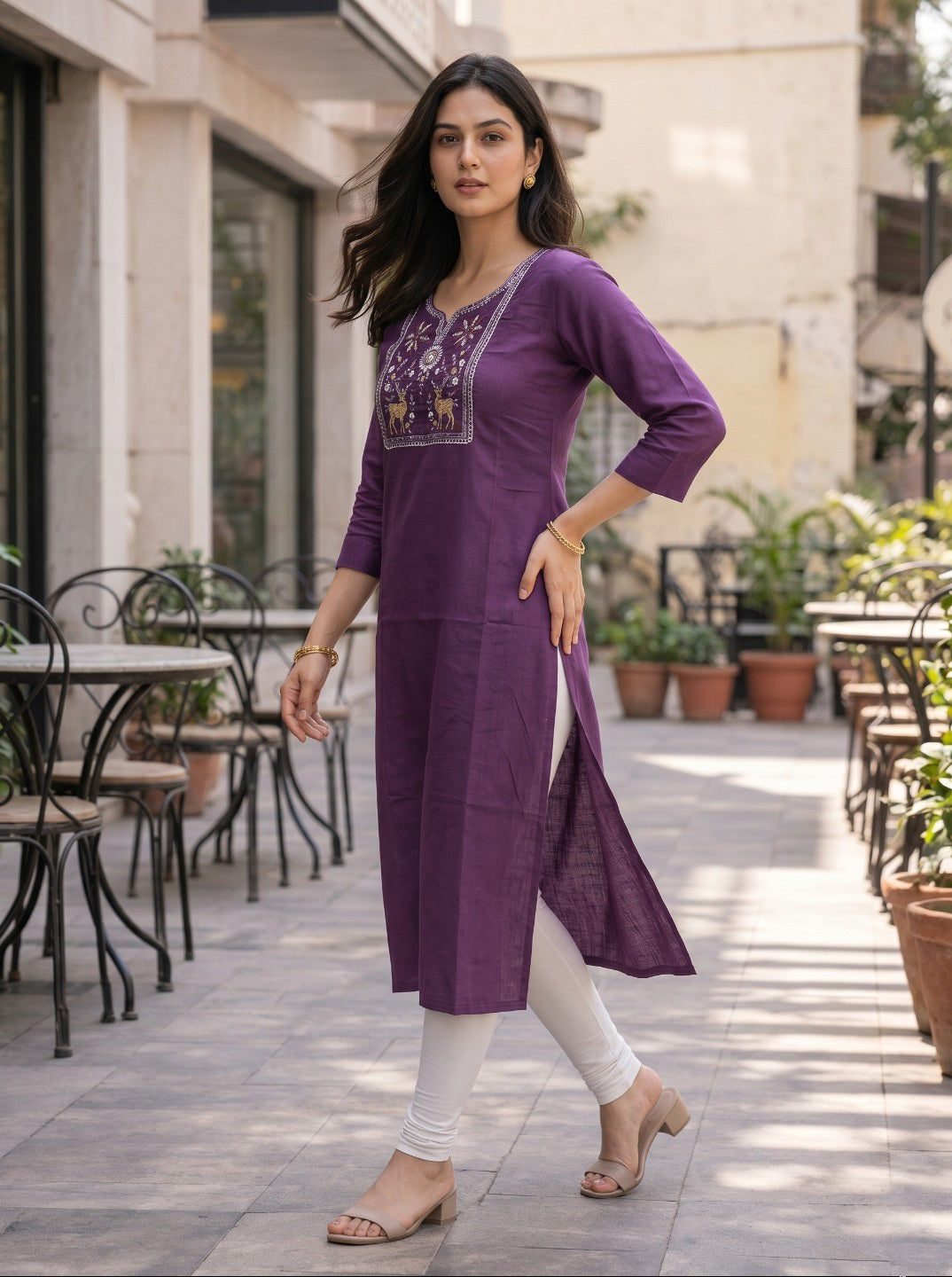 Women Wine Rayon Slub Embroidered Straight Kurti | Elegant Ethnic Casual Wear for Women