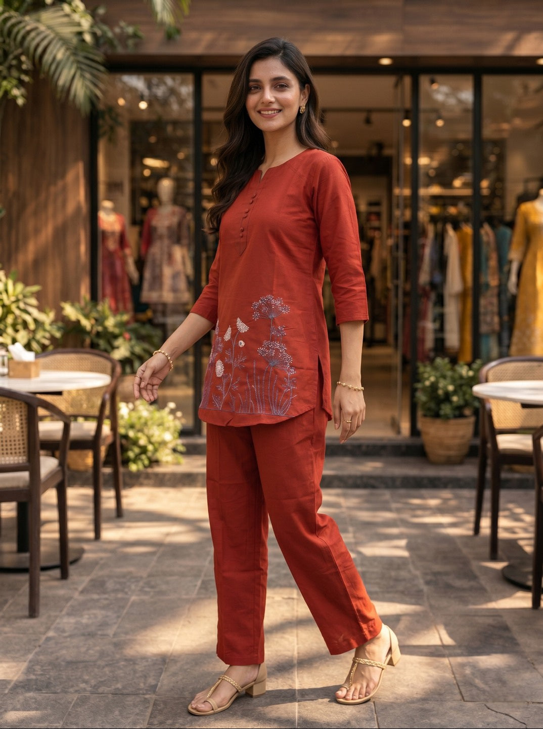 Women's Rust Cotton Floral Printed Co-Ord Set | Straight Fit Top With Matching Pants | Casual & Ethnic Wear Set