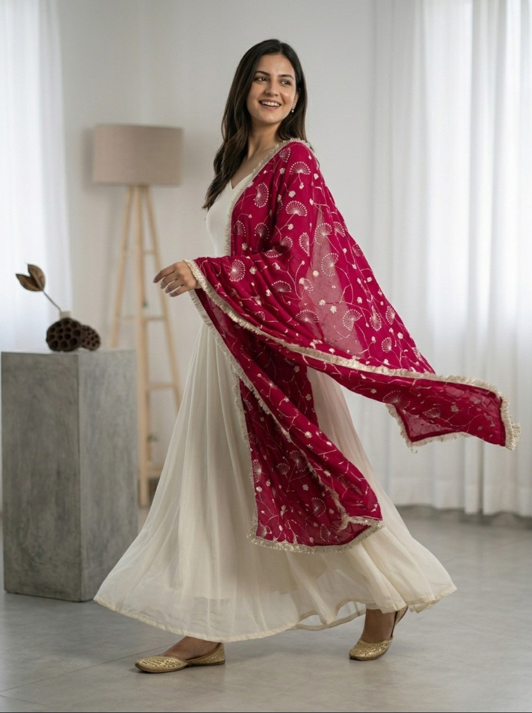 Off White Anarkali Kurta Set with Red Embroidered Dupatta | Vichitra Silk Fully Flared Gown with Pant | Festive & Wedding Wear for Women